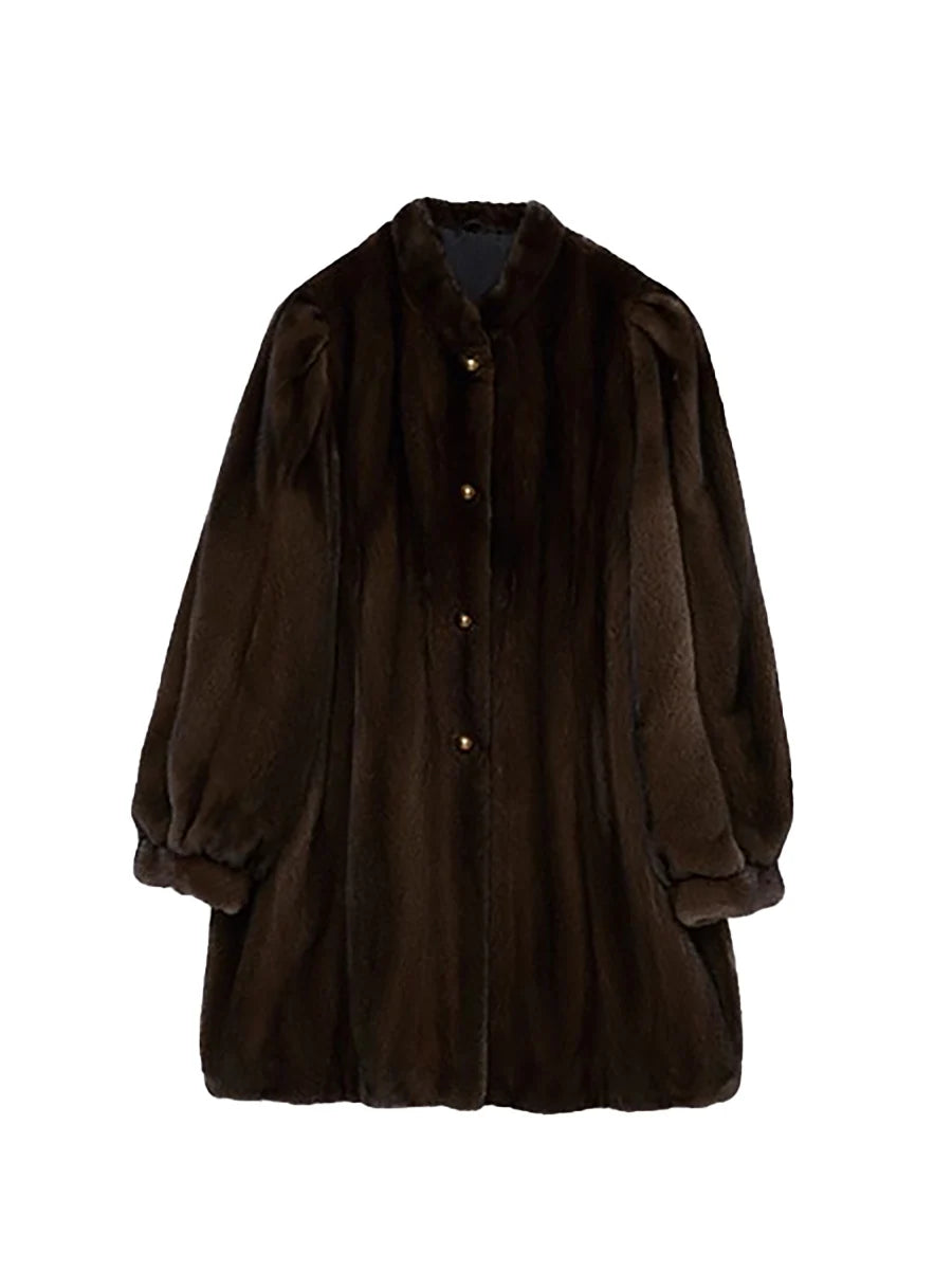 Lautaro Winter Luxury Elegant Thick Warm Fluffy Soft Brown Faux Mink Fur Coat Women Mid-Century Modern Vintage Furry Overcoat