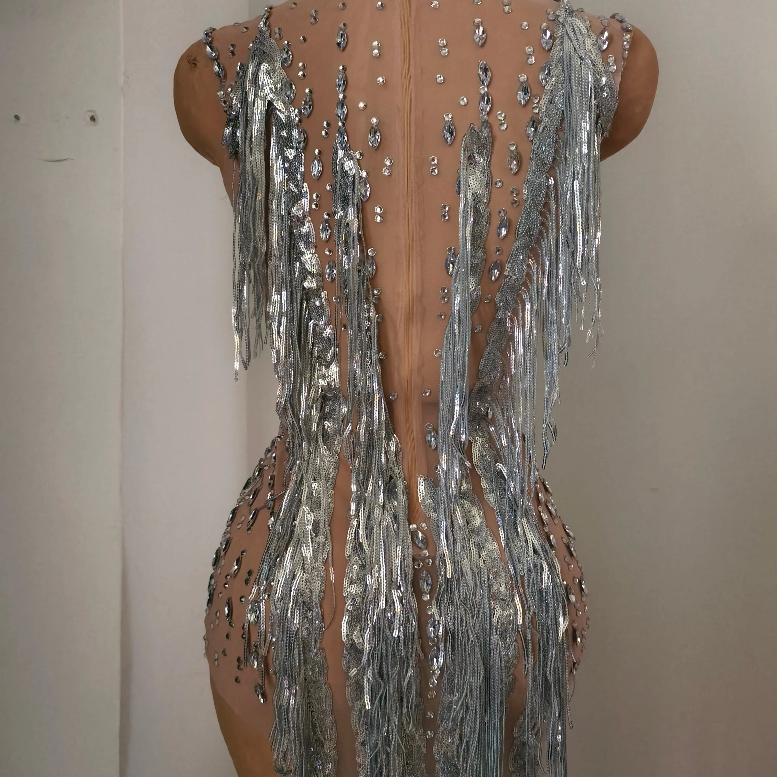 Sparkly Opulent Silver Long Tassel Sheer Mesh Crystal Rhinestone Dress Slim-fit Nightclub Party Clubwear Cocktail Outfit