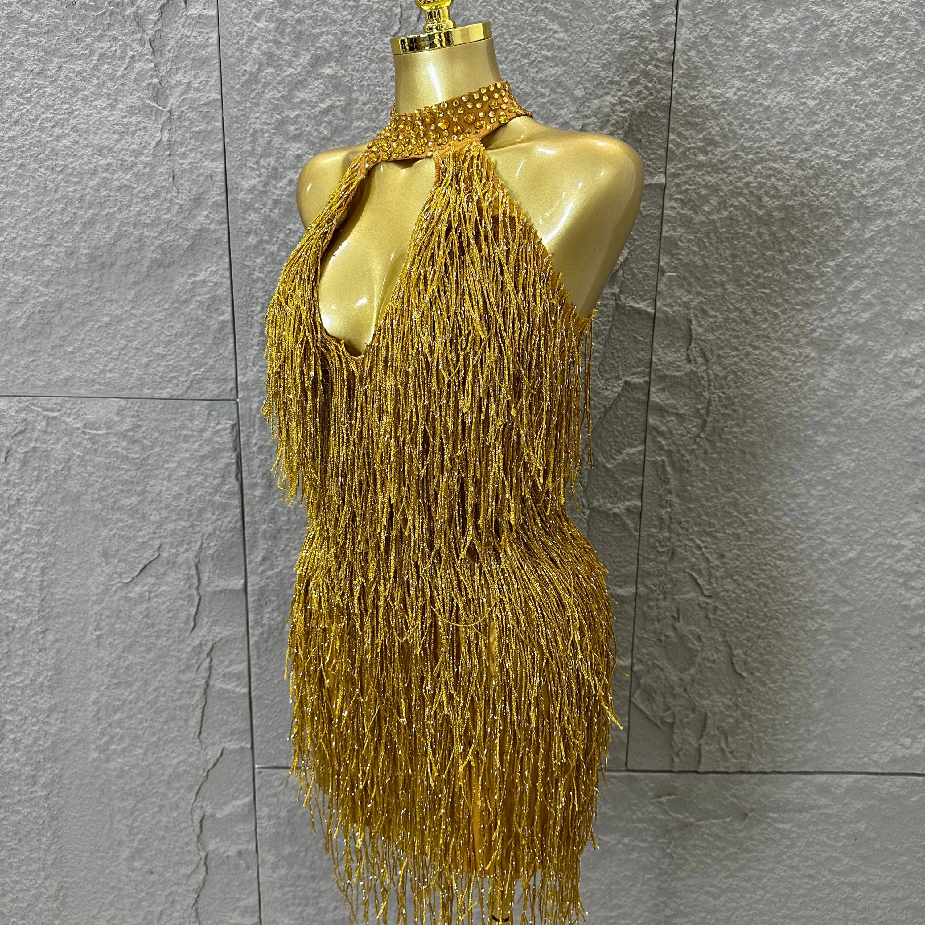 Luxury Gold Halter Neck Mini Dress Women Sexy Crystal Embellished Fringe Trim Form-Fitting Outfit Formal Event Party Costume
