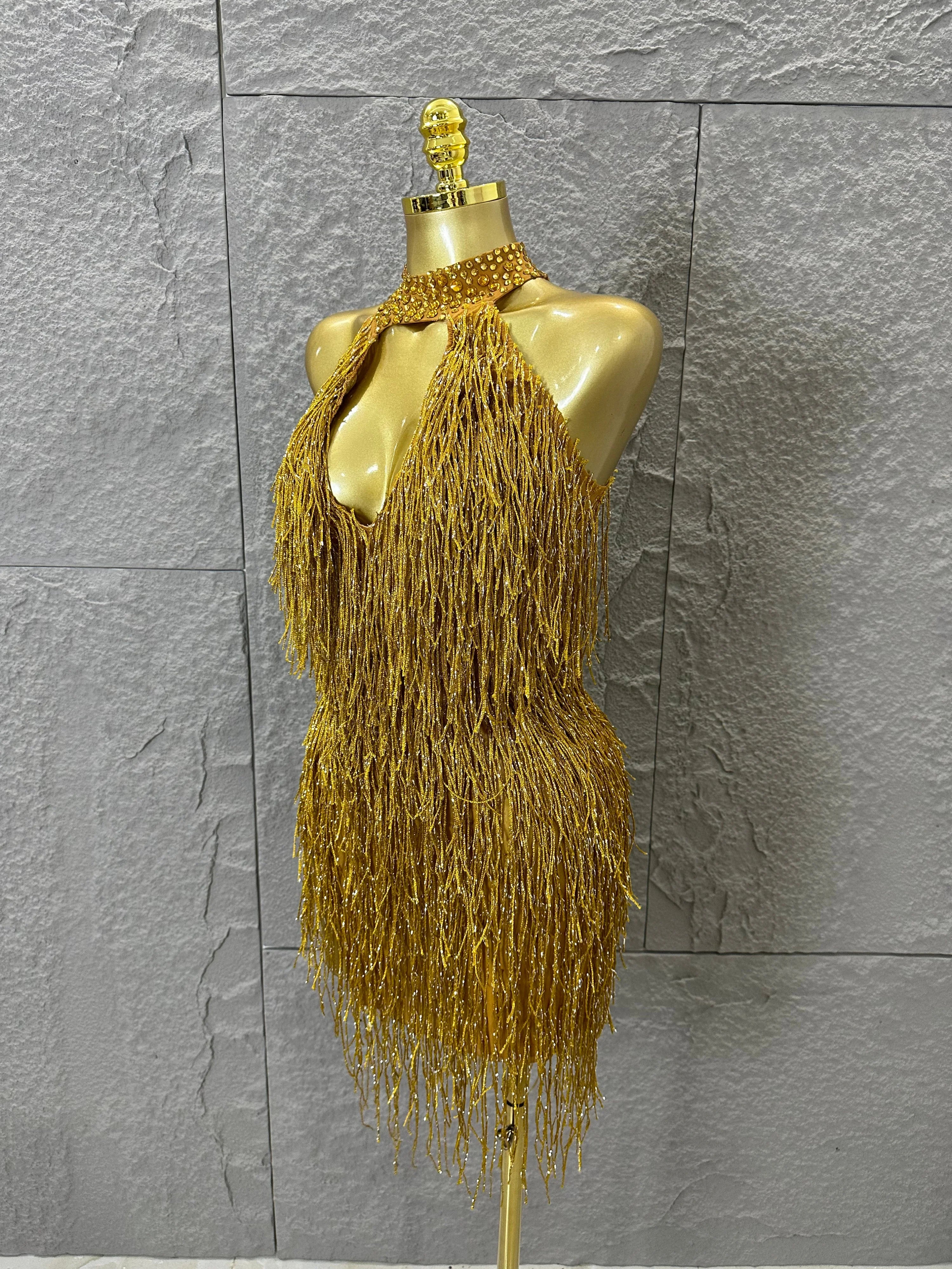 Luxury Gold Halter Neck Mini Dress Women Sexy Crystal Embellished Fringe Trim Form-Fitting Outfit Formal Event Party Costume
