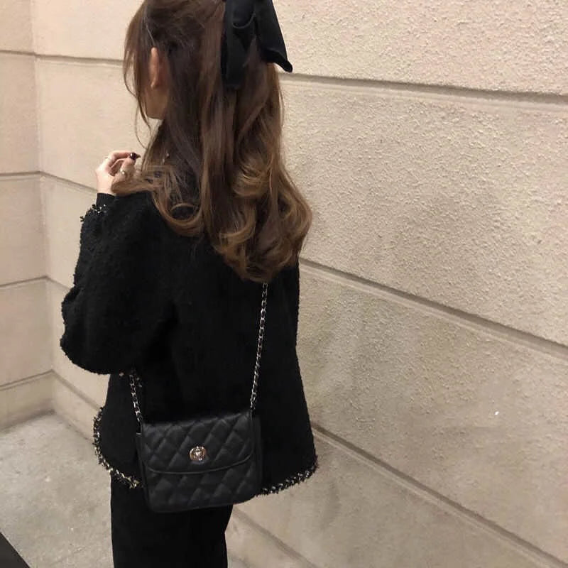 Warm Wool Tweed Jacket Coats Women Winter Korean Style Black Long Sleeve Jackets Woman Pockets Single-Breasted Outwear Lady