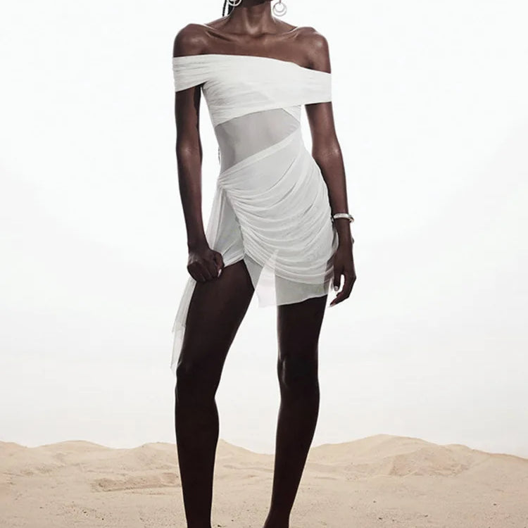 Off-shoulder Strapless Sexy Mini Dress For Women Fashion Irregular Mesh Beach Holiday Draped Ruched Bodycon Dress White
