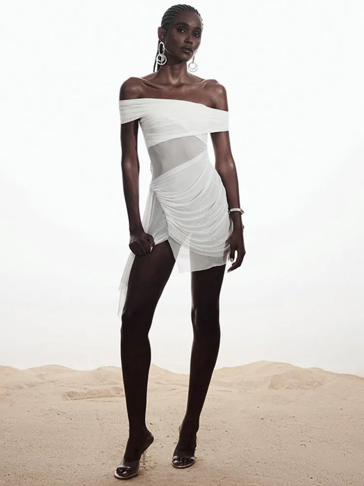 Off-shoulder Strapless Sexy Mini Dress For Women Fashion Irregular Mesh Beach Holiday Draped Ruched Bodycon Dress White