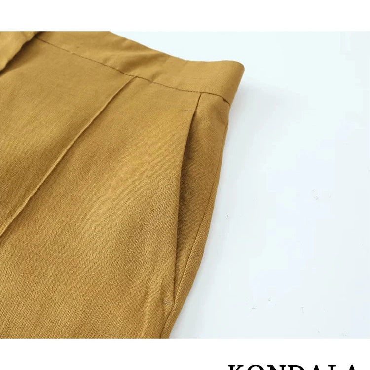 KONDALA Office Lady Linen Brown Suits Women V Neck Single Buttons Vest Blazer+High Waist Wide Leg Pants Fashion Summer Sets