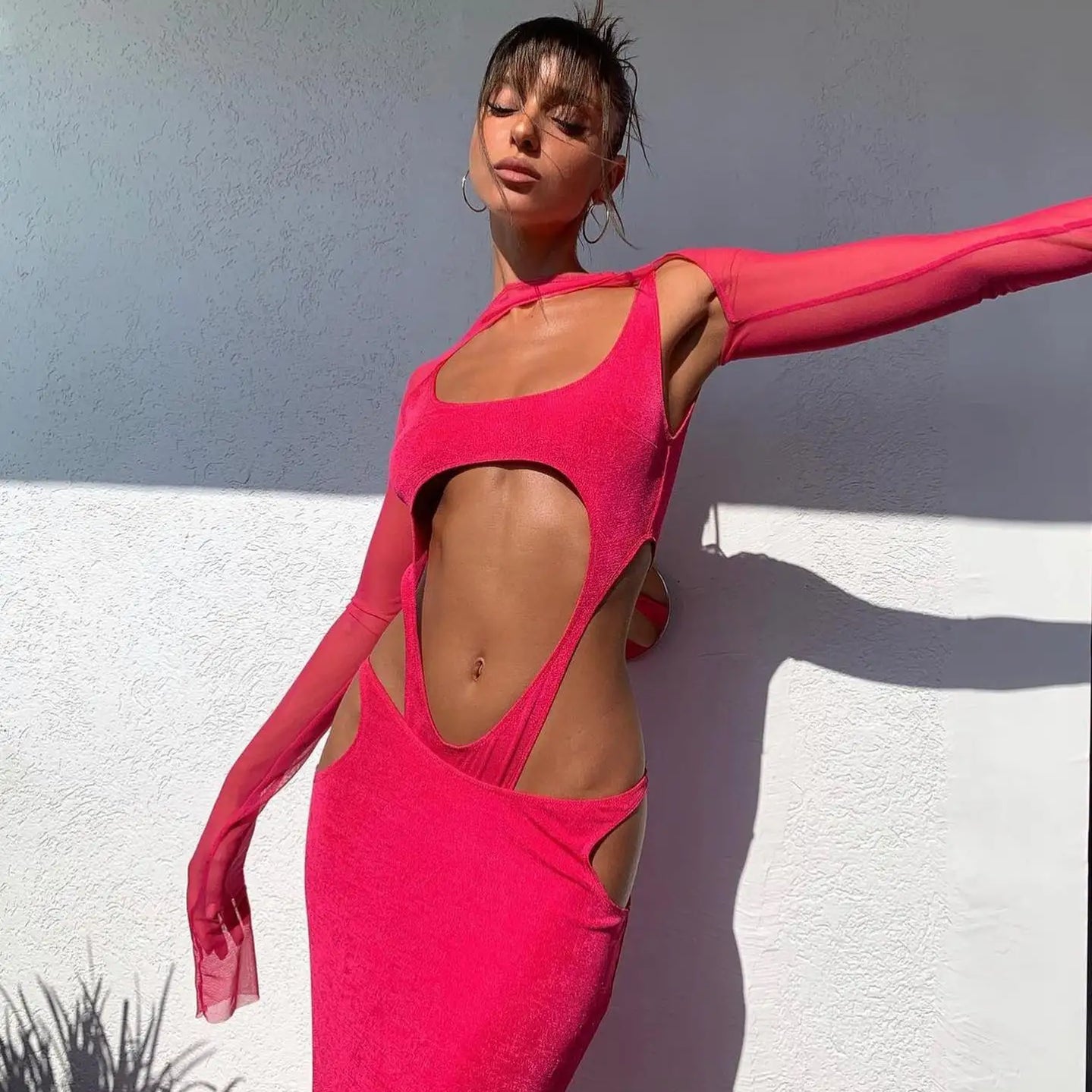 Rosered Color Women Long Sleeve Mesh Rayon Bandage Sexy Holes Bodycon Long Dress Nightclub Party Celebrate Vacation Beach Dress