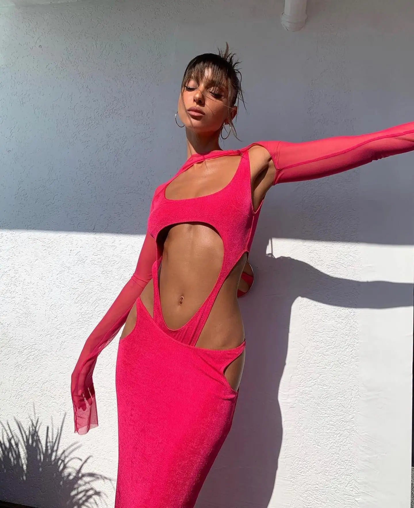 Rosered Color Women Long Sleeve Mesh Rayon Bandage Sexy Holes Bodycon Long Dress Nightclub Party Celebrate Vacation Beach Dress