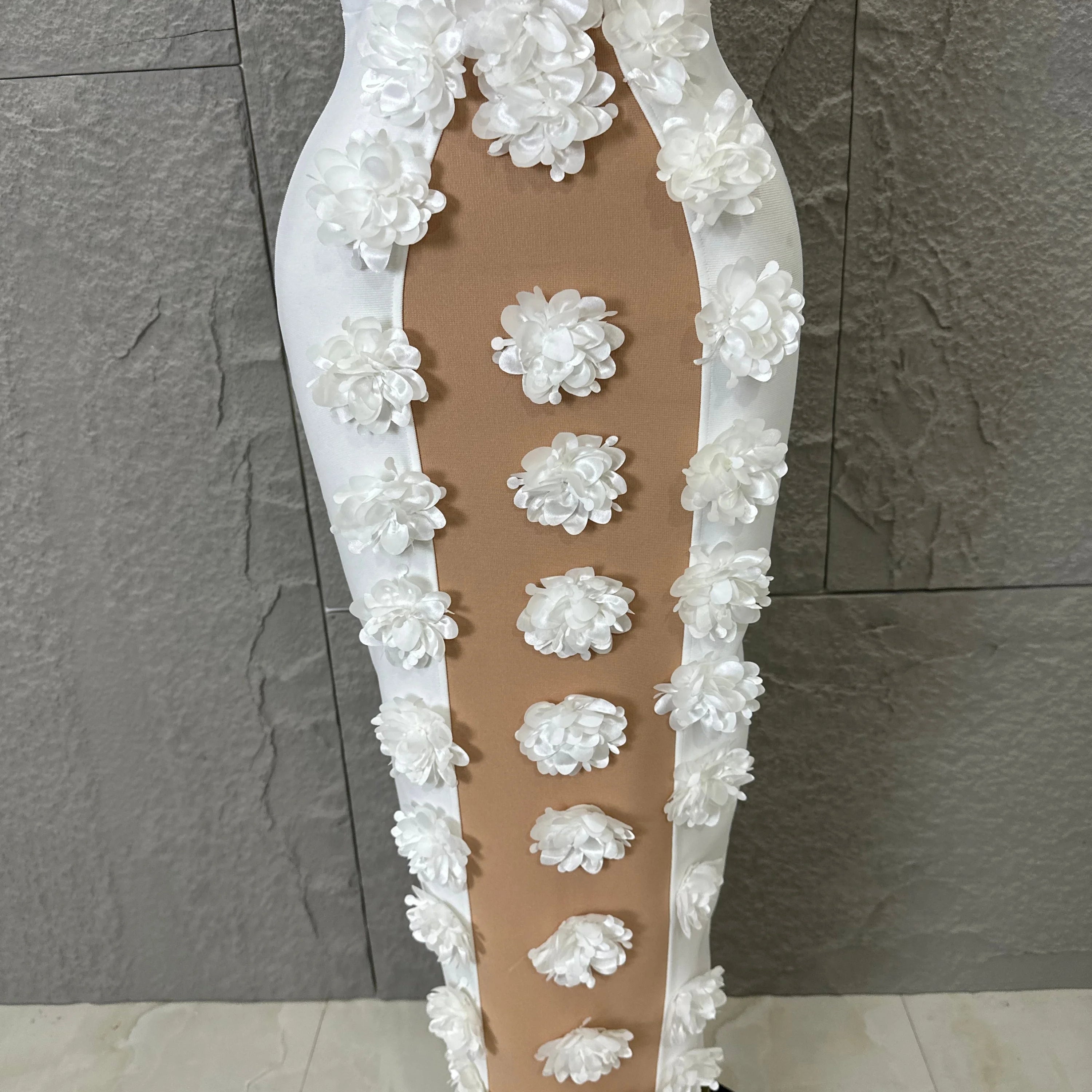White Halter Neck Maxi Dress Women Sexy Sheer Nude Mesh 3D Floral Applique Form-Fitting Outfit Formal Event Party Costume
