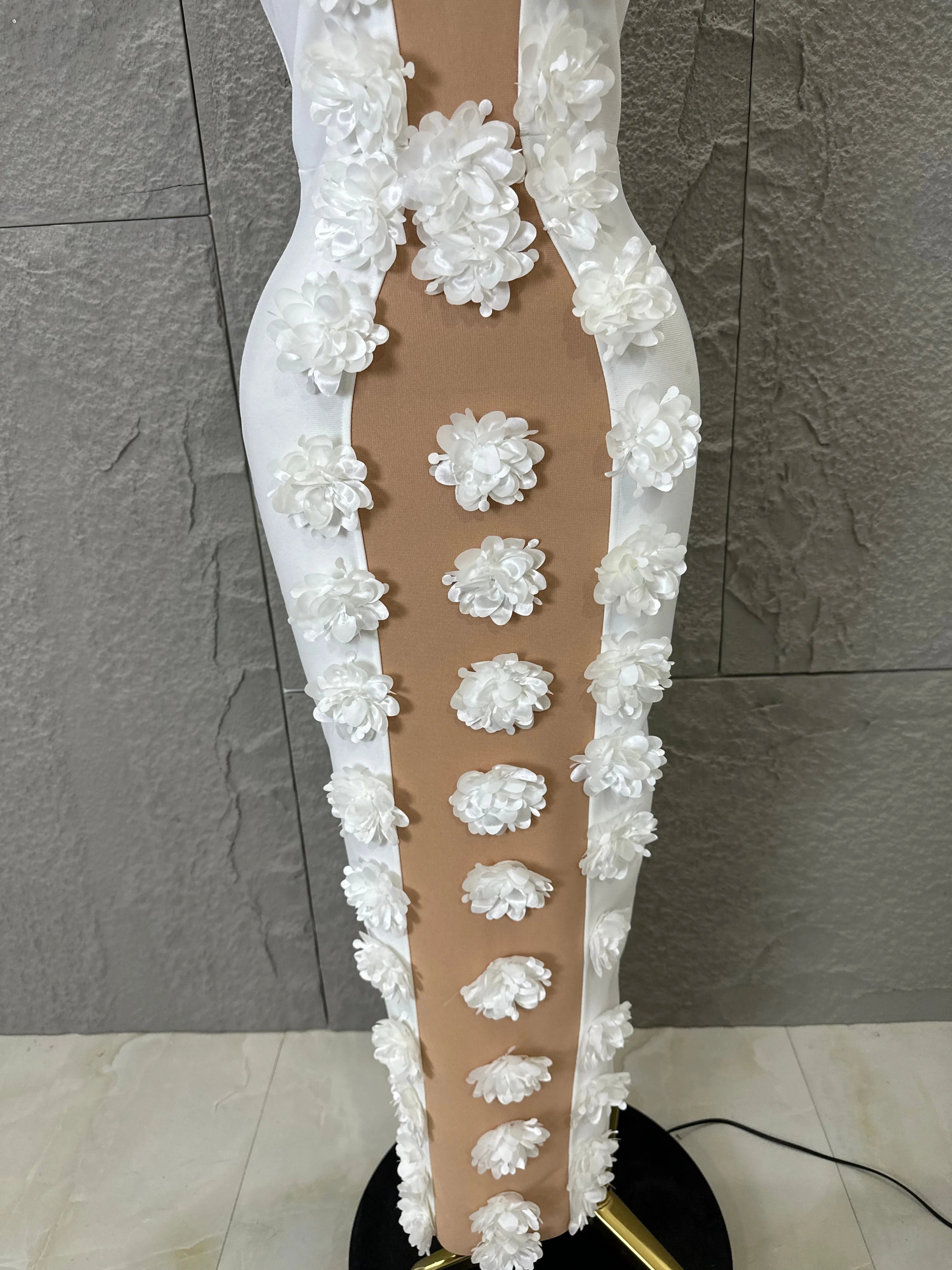 White Halter Neck Maxi Dress Women Sexy Sheer Nude Mesh 3D Floral Applique Form-Fitting Outfit Formal Event Party Costume