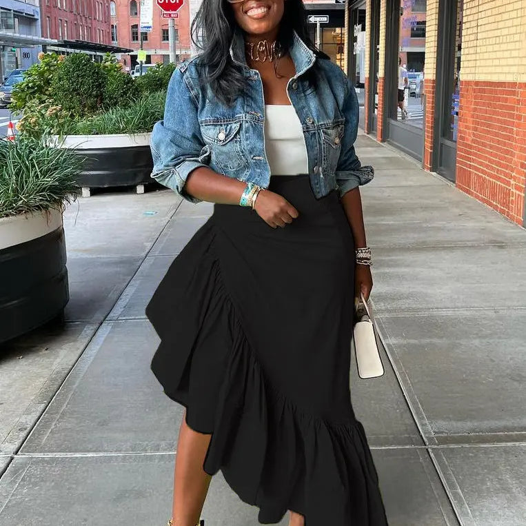 Women Ruffles Hem Asymmetrical High Waist Maxi Long Skirt 2022 Autumn Winter Streetwear INS Fashion Skirts black