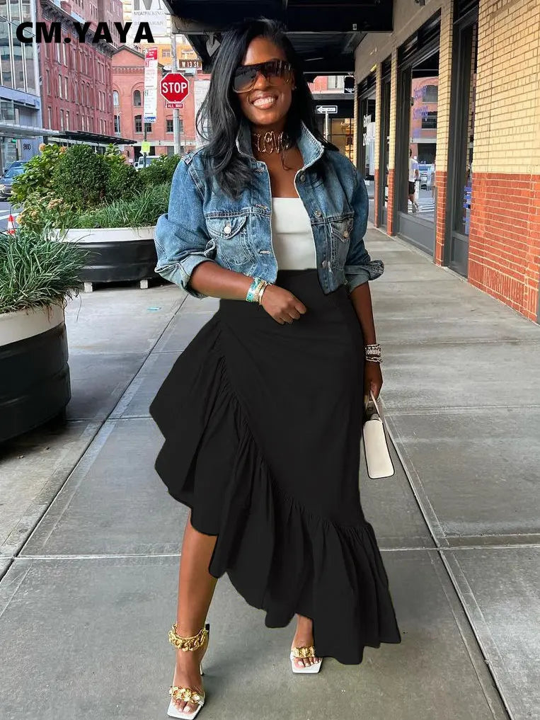 Women Ruffles Hem Asymmetrical High Waist Maxi Long Skirt 2022 Autumn Winter Streetwear INS Fashion Skirts black