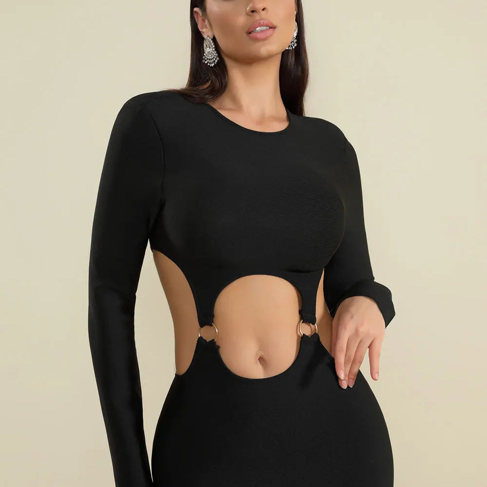 2025 Spring Women's Open Waist Design Black Bandage Dresses O-Neck Long Sleeve Bodycon Long Dress Evening Club Party Vestidos