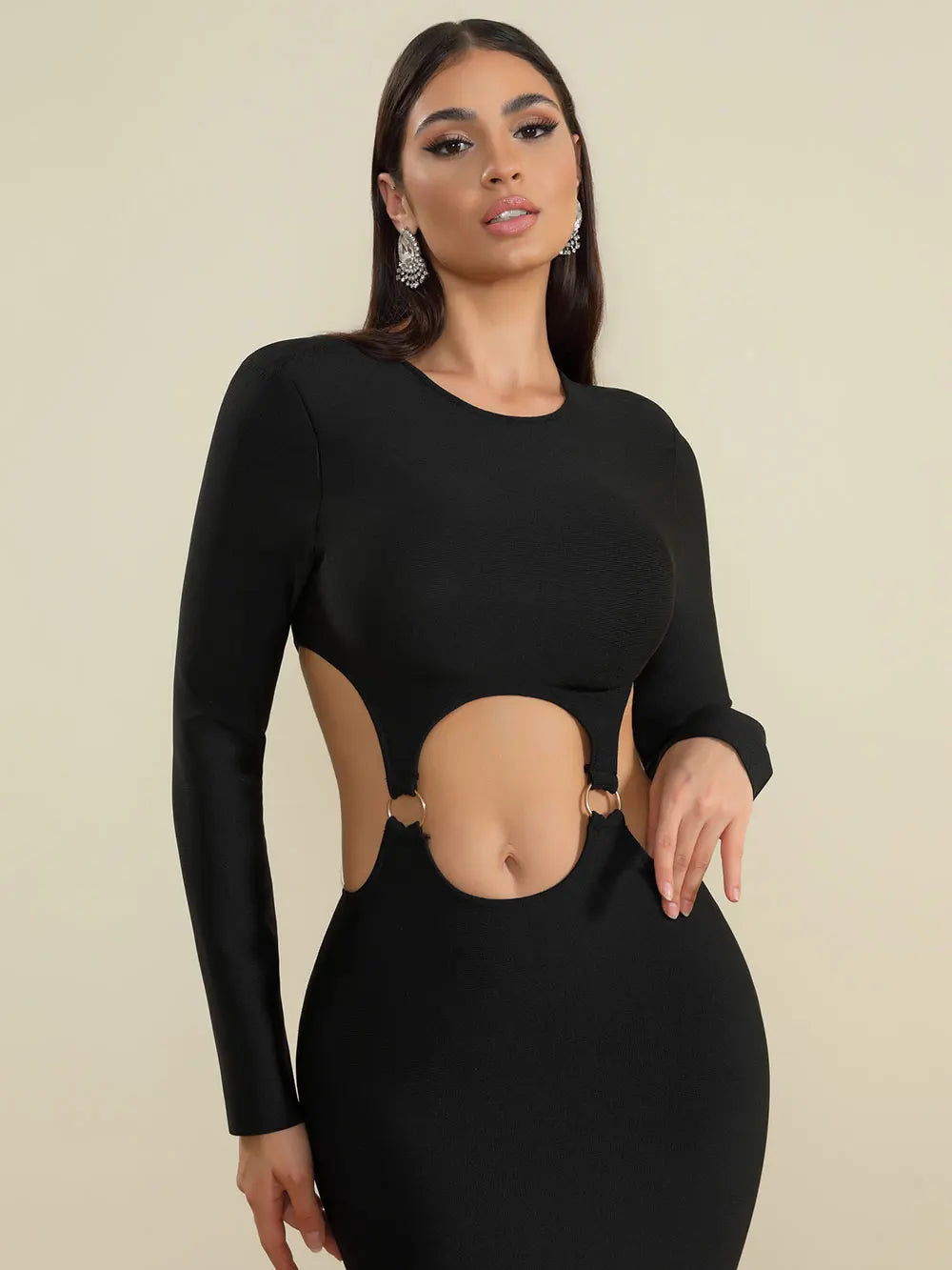 2025 Spring Women's Open Waist Design Black Bandage Dresses O-Neck Long Sleeve Bodycon Long Dress Evening Club Party Vestidos