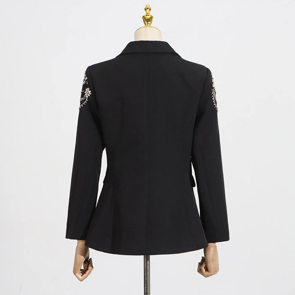 Solid Spliced Diamond Luxurious Jackets for Women Lapel Long Sleeve Patchwork Pocket Elegant Jacket Female Clothing