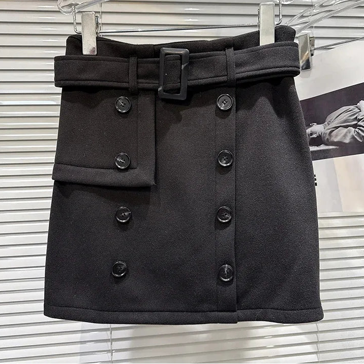 Winter New Fashion Style Double-Breasted Belted Woolen Short Skirt For Woomen Wrapped Hip A-line Skirts 11A07803