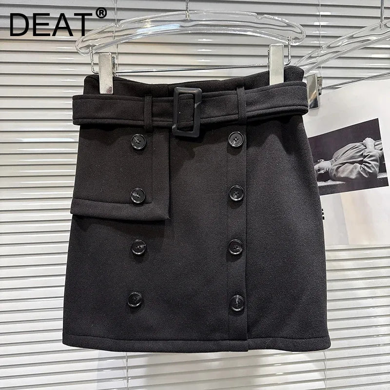 Winter New Fashion Style Double-Breasted Belted Woolen Short Skirt For Woomen Wrapped Hip A-line Skirts 11A07803