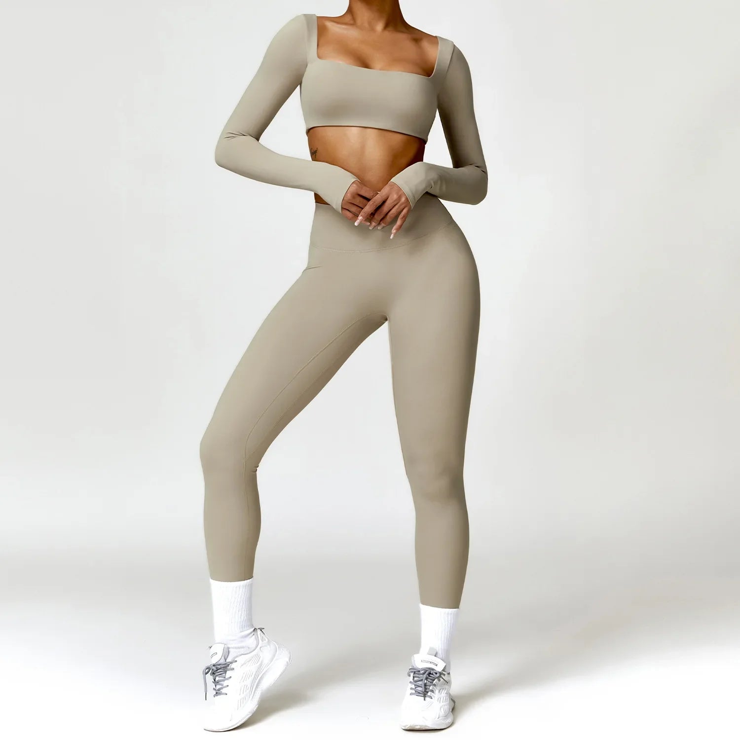 Women Tracksuit Yoga Set 2PCS Sportswear Workout Clothes Athletic Wear Gym Legging Fitness Bra Crop Top Long Sleeve Sports Suits Camel Brown Set-4