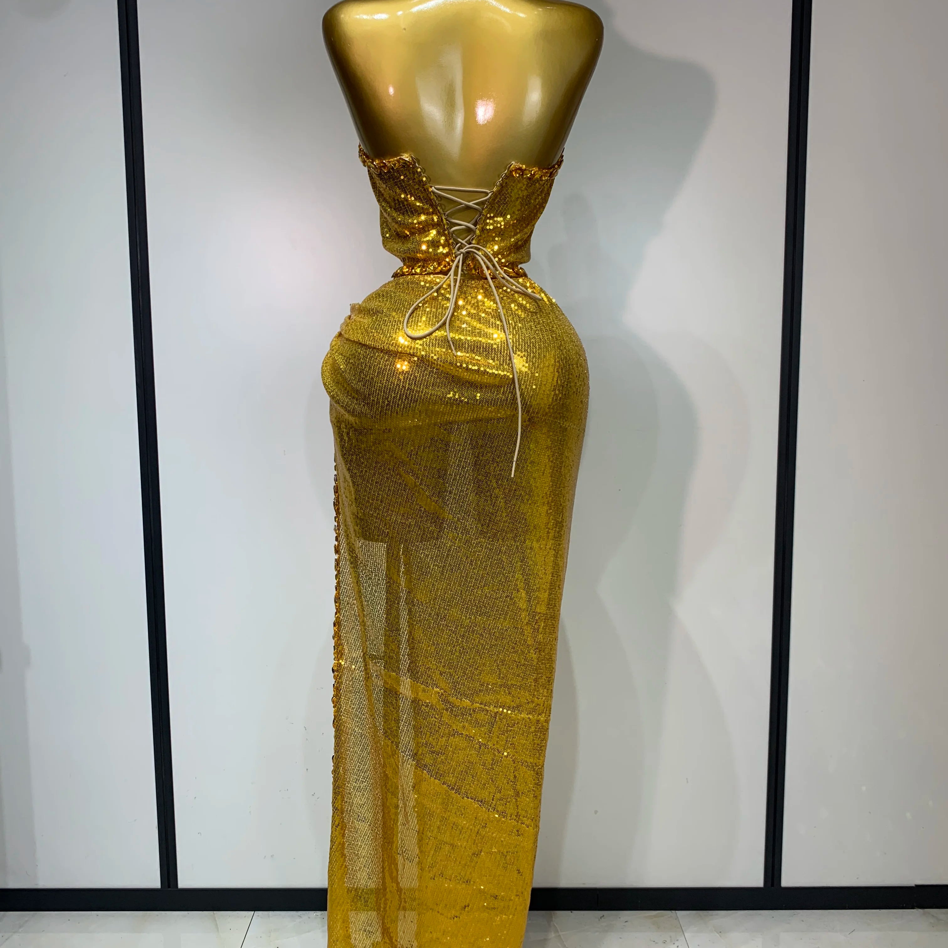 Women Sparkly Gold Rhinestones Top Long Skirt Two Pieces Set Singer Dancer Performance Costume Nightclub Luxury Birthday Dress