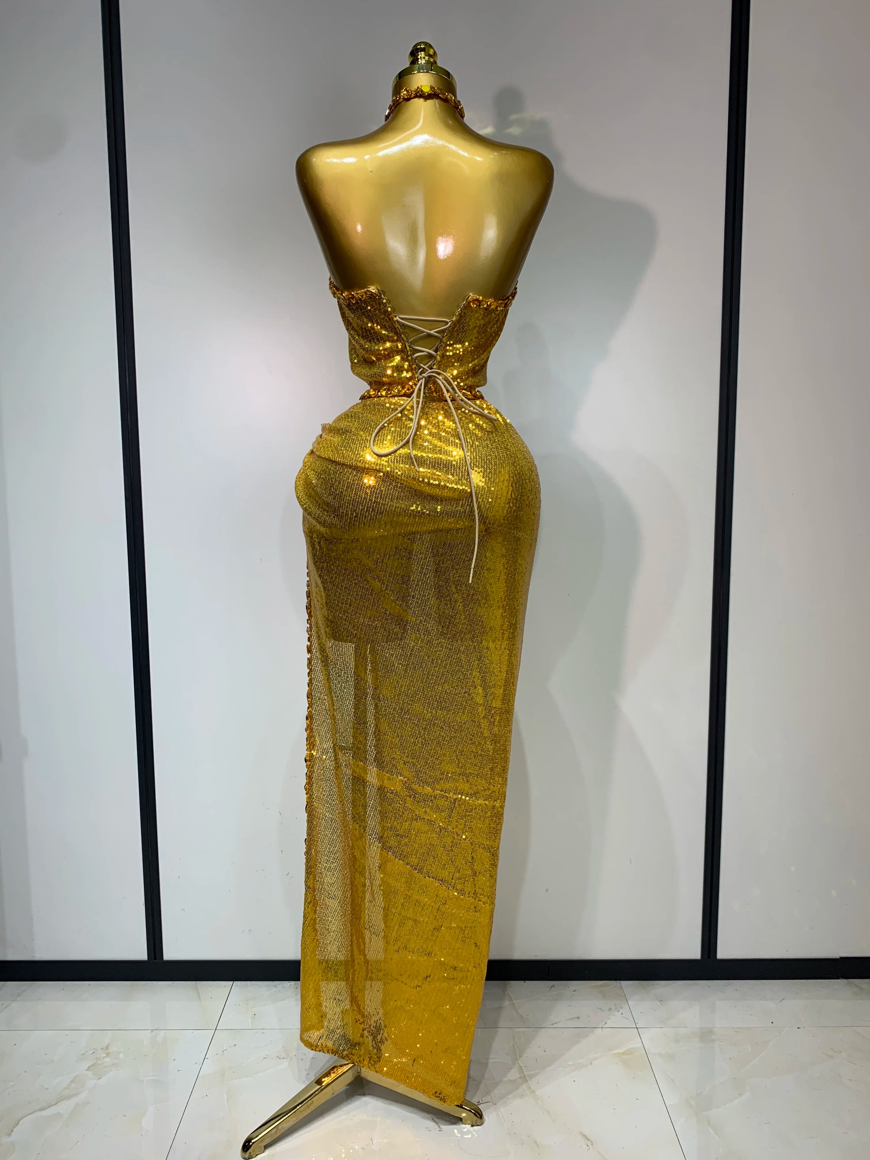 Women Sparkly Gold Rhinestones Top Long Skirt Two Pieces Set Singer Dancer Performance Costume Nightclub Luxury Birthday Dress