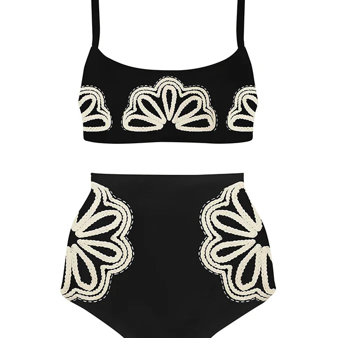 White Simple Print Fashion Bikini Swimsuit Two Pieces Tankini Women Holiday Beach Dress Patchwork Women String Bathing Suit black