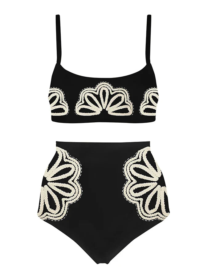 White Simple Print Fashion Bikini Swimsuit Two Pieces Tankini Women Holiday Beach Dress Patchwork Women String Bathing Suit black