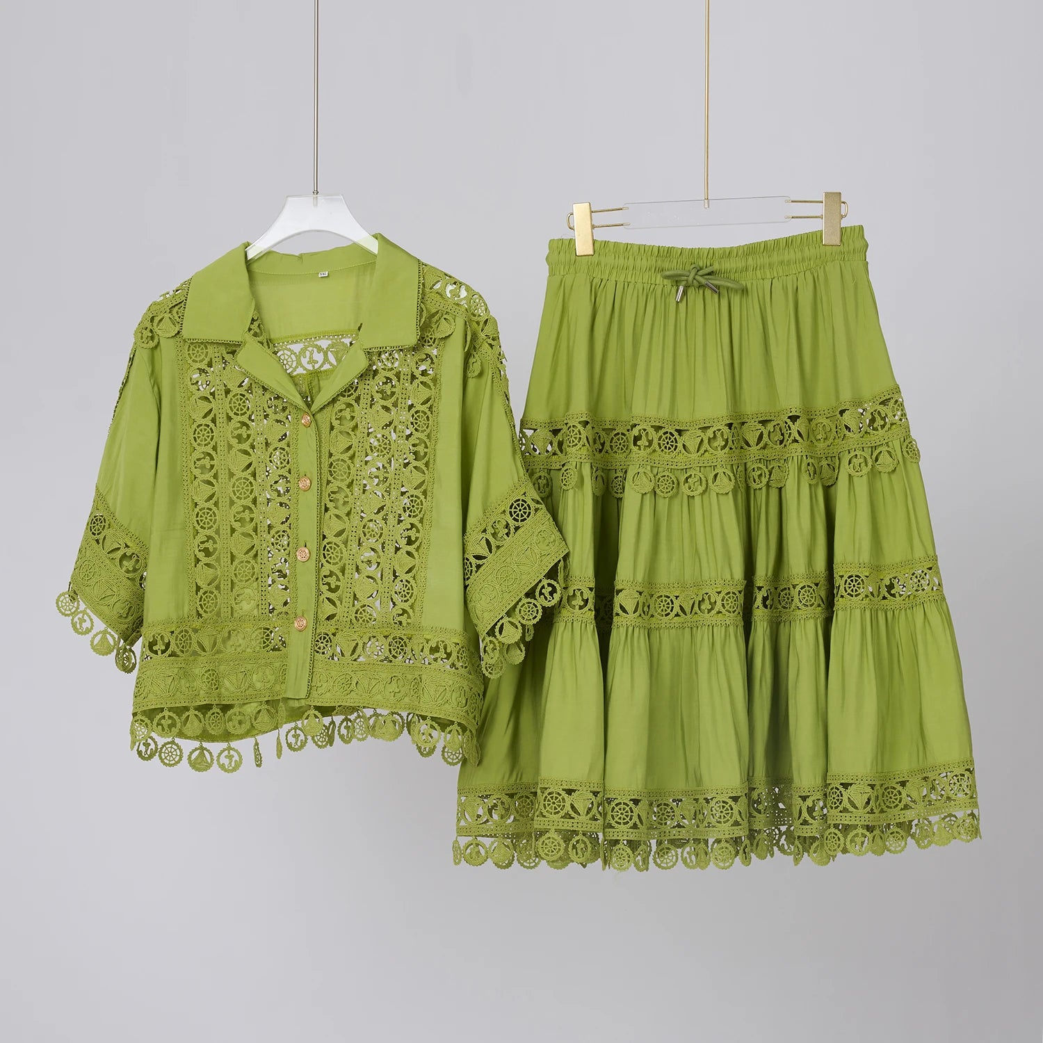 Embroidery 2 Pieces Set Women Hollow Out Loose Shirt Tops + Elastic Waist Midi Skirts Suit Summer Vacation Lace Ladies Outfit green