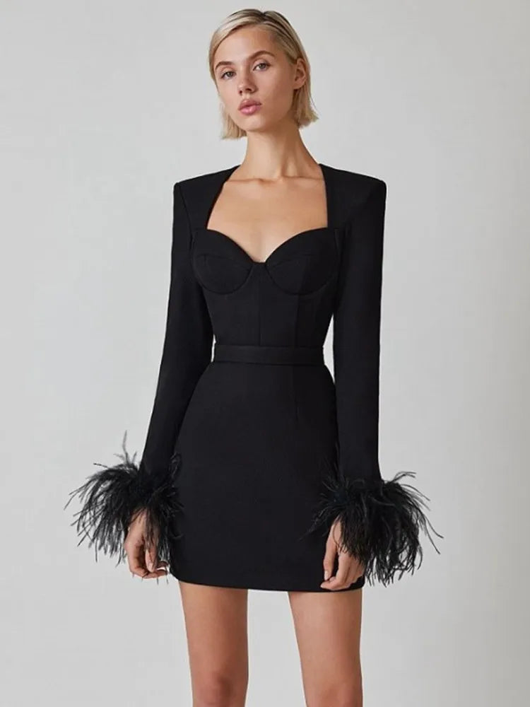2022 New Winter Women Long Sleeve Square Collar Bodycon Mini Dress Feathers Rayon Bandage Fashion Elegant Evening Party Dress black