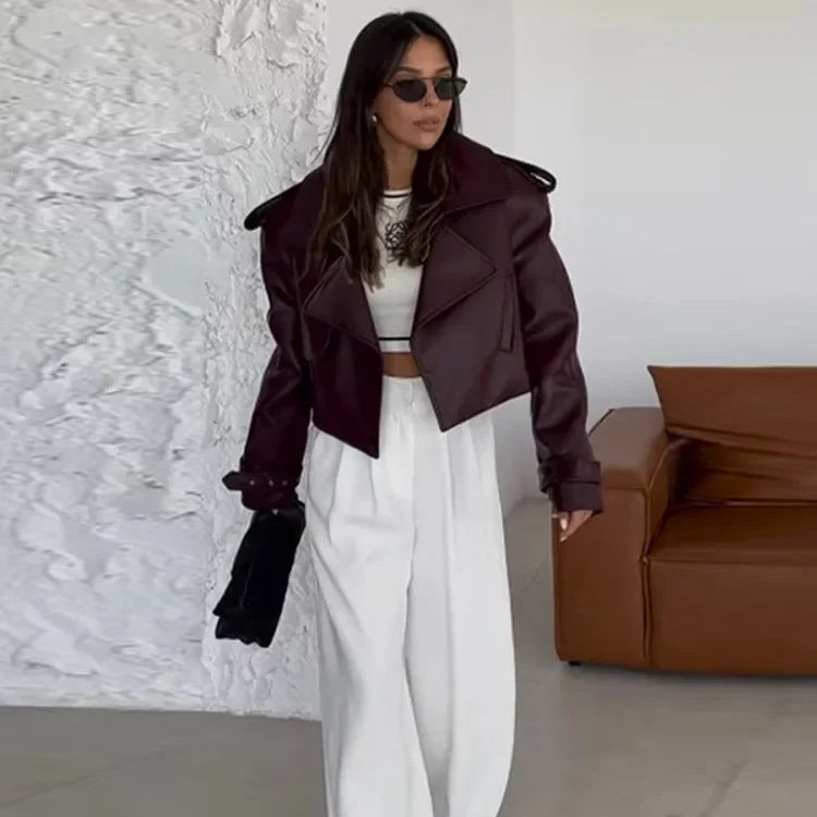 Fashion Burgundy Lapel Leather Jackets For Women Casual Loose Pockets Long Sleeve Coats Autumn Lady High Street Outerwear