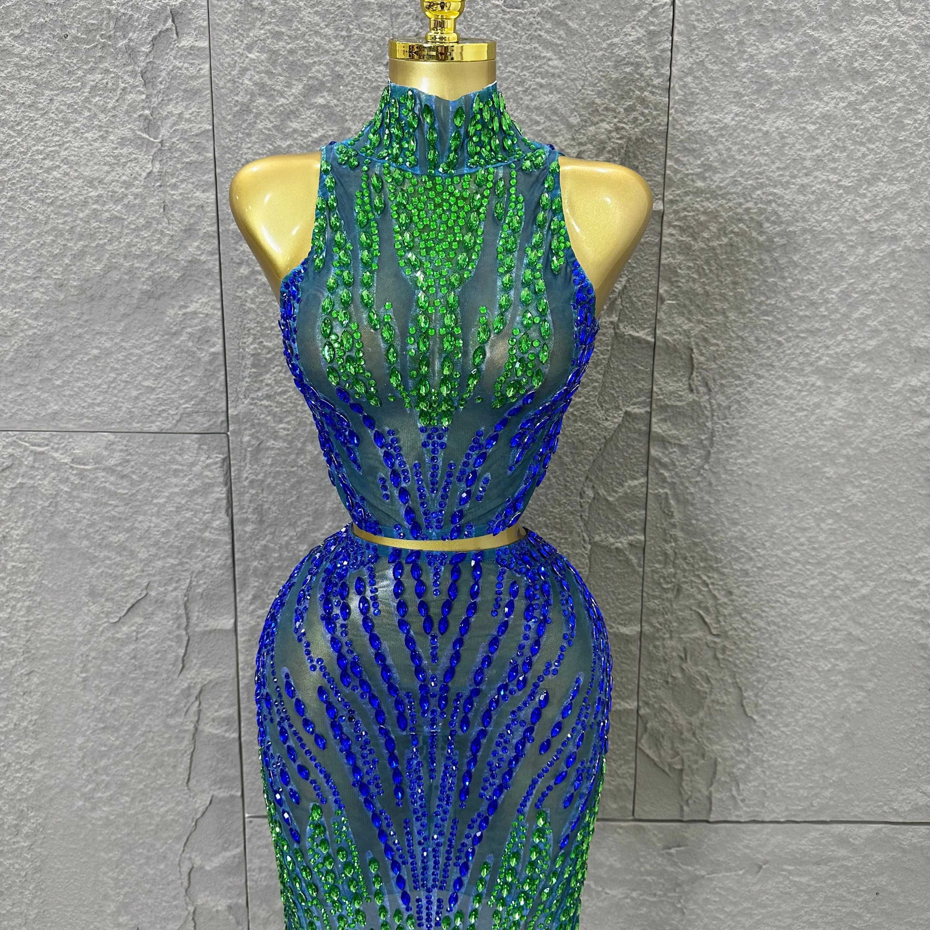 Sexy Blue Green High Neck Two Piece Set Women Sheer Mesh Full Crystal Crop Top Mini Skirt Outfit Formal Event Party Costume