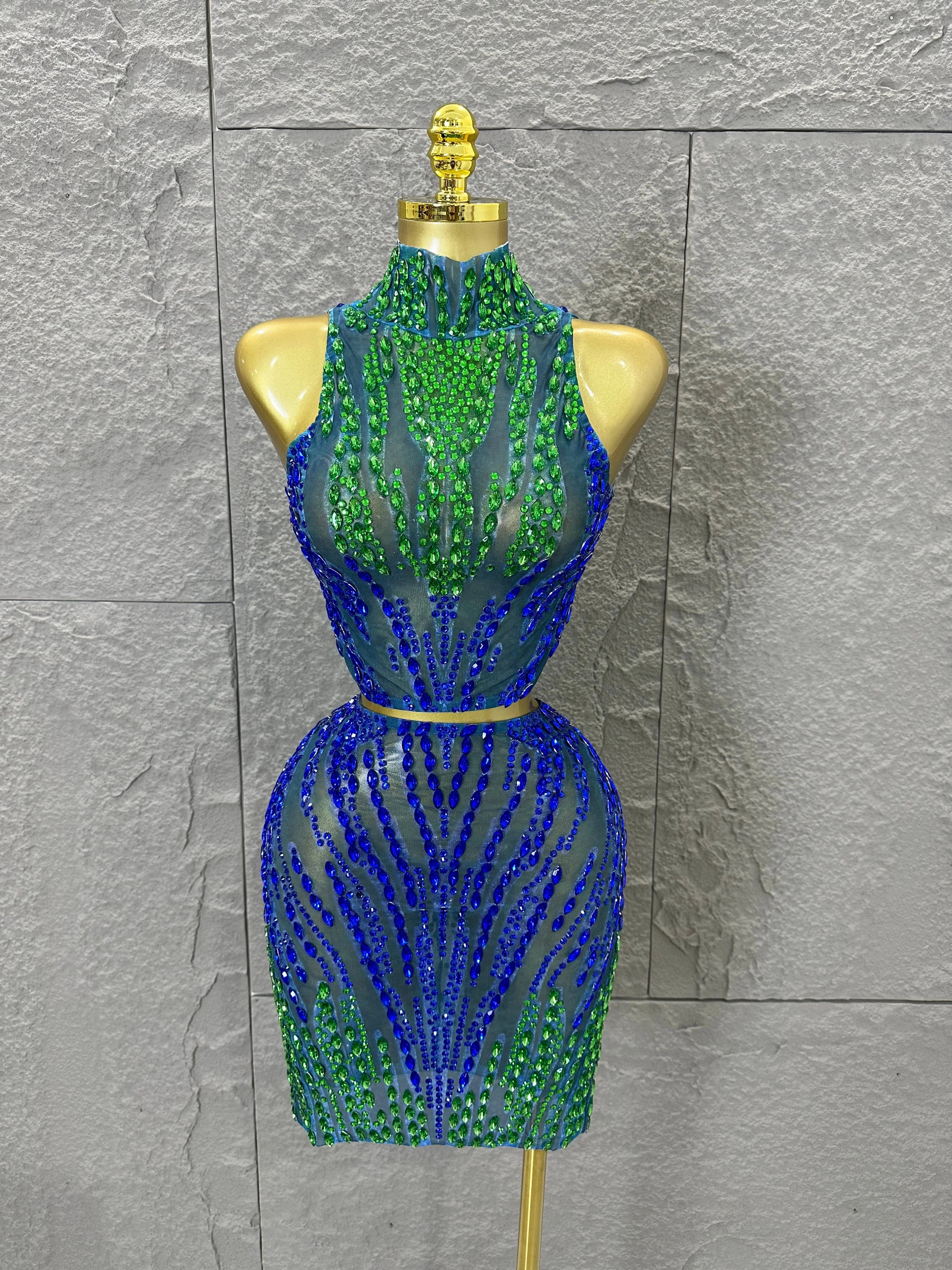 Sexy Blue Green High Neck Two Piece Set Women Sheer Mesh Full Crystal Crop Top Mini Skirt Outfit Formal Event Party Costume