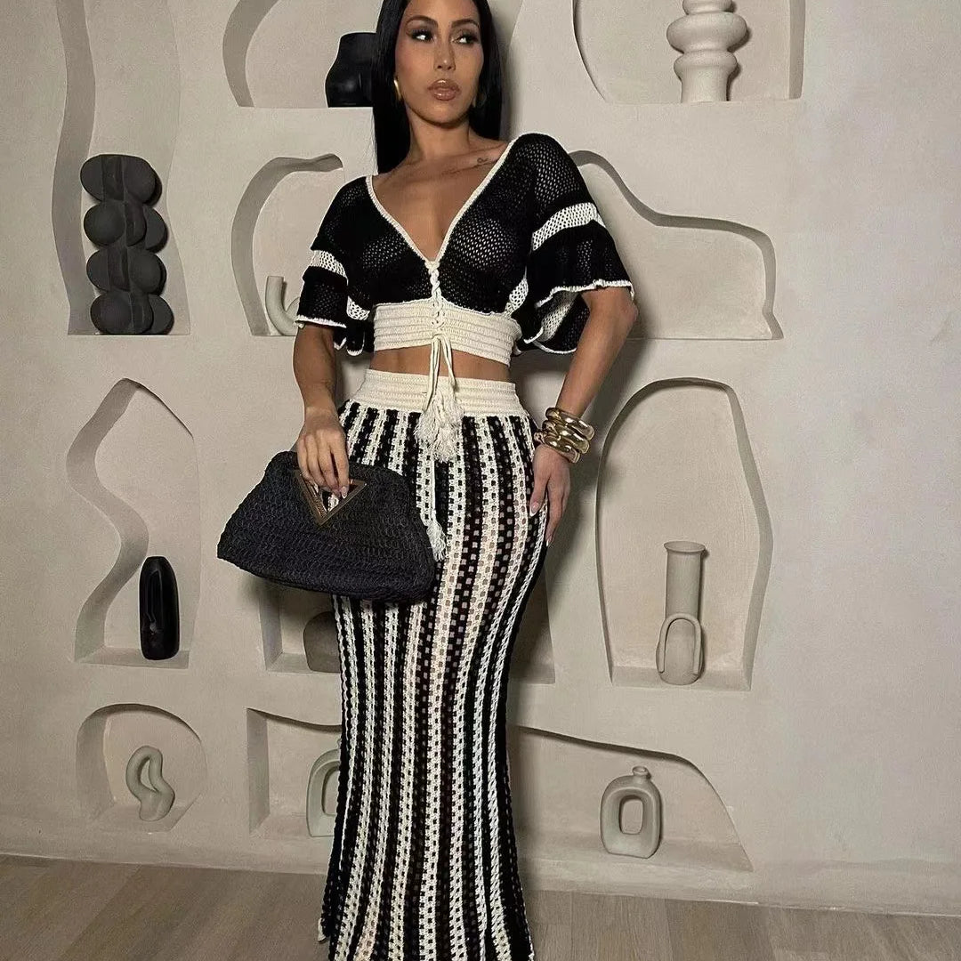 Women's Set Short Sleeve V-neck Top + Long Skirts Suit Summer Knitted Hollow Out Streetwear Beach Sexy Two 2 Piece Sets black