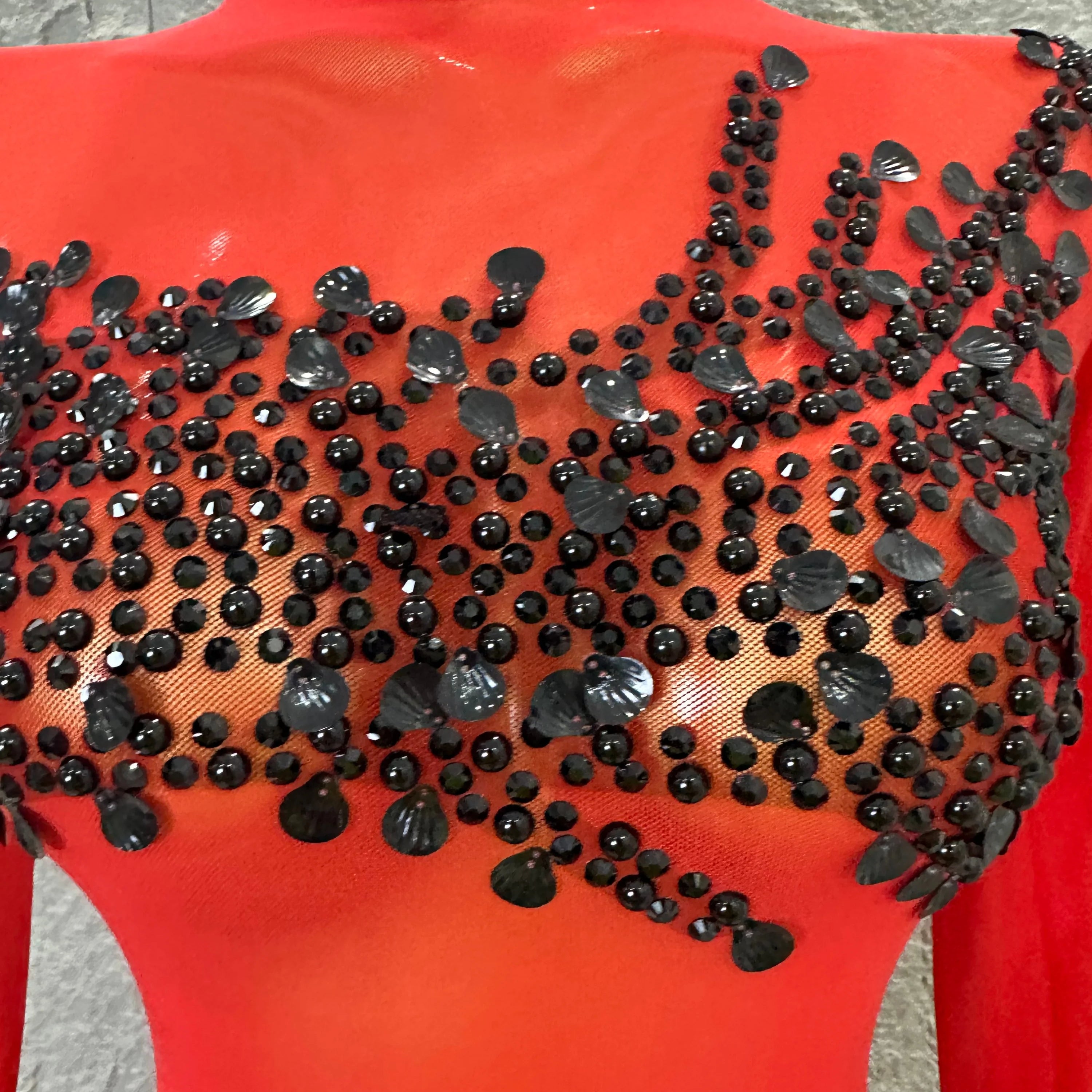 Sexy 2026 Black Sheer Mesh Maxi Dress Women Long Sleeve High Neck Red Rhinestone Embellished Bodycon Stage Costume