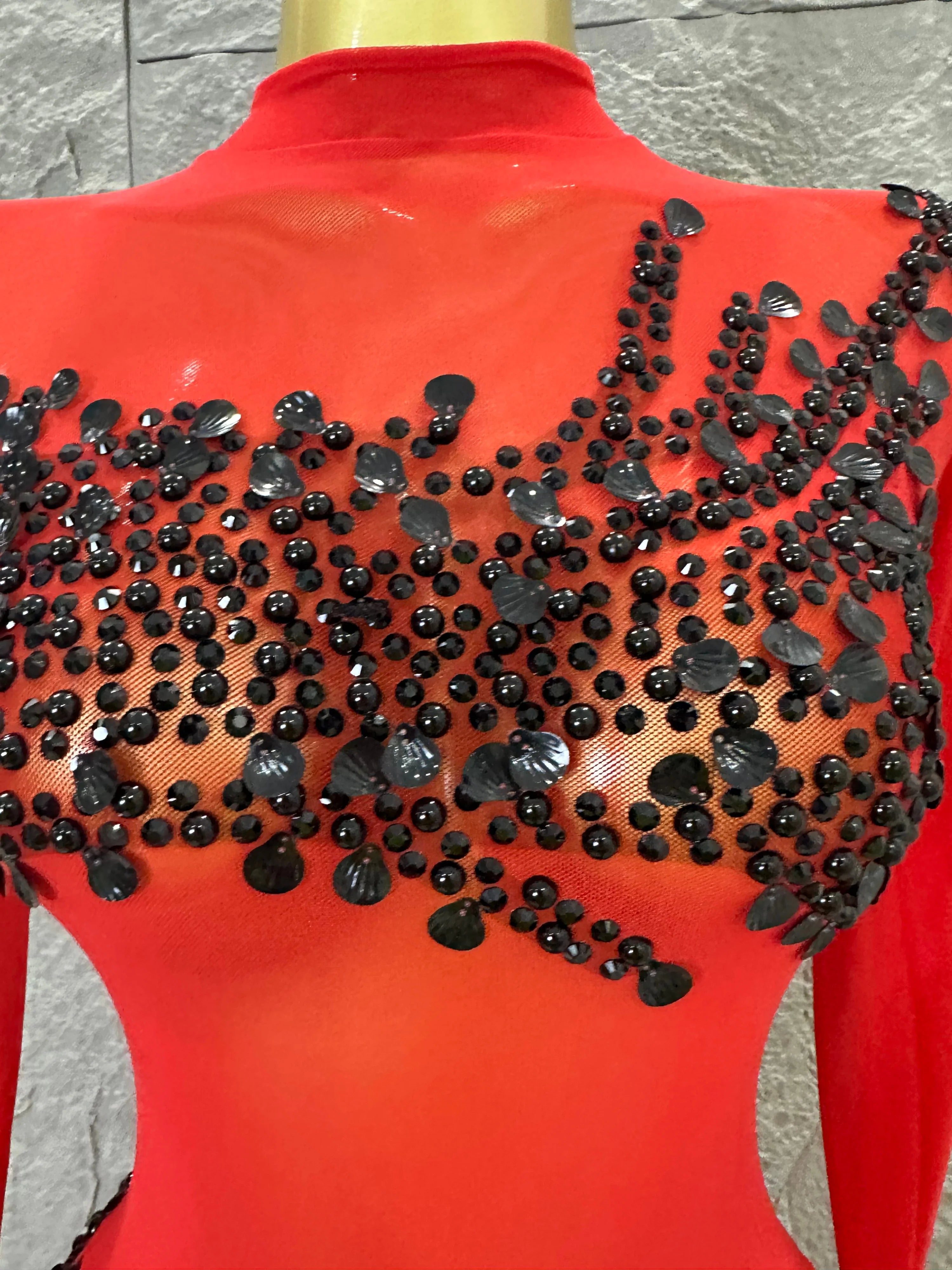 Sexy 2026 Black Sheer Mesh Maxi Dress Women Long Sleeve High Neck Red Rhinestone Embellished Bodycon Stage Costume