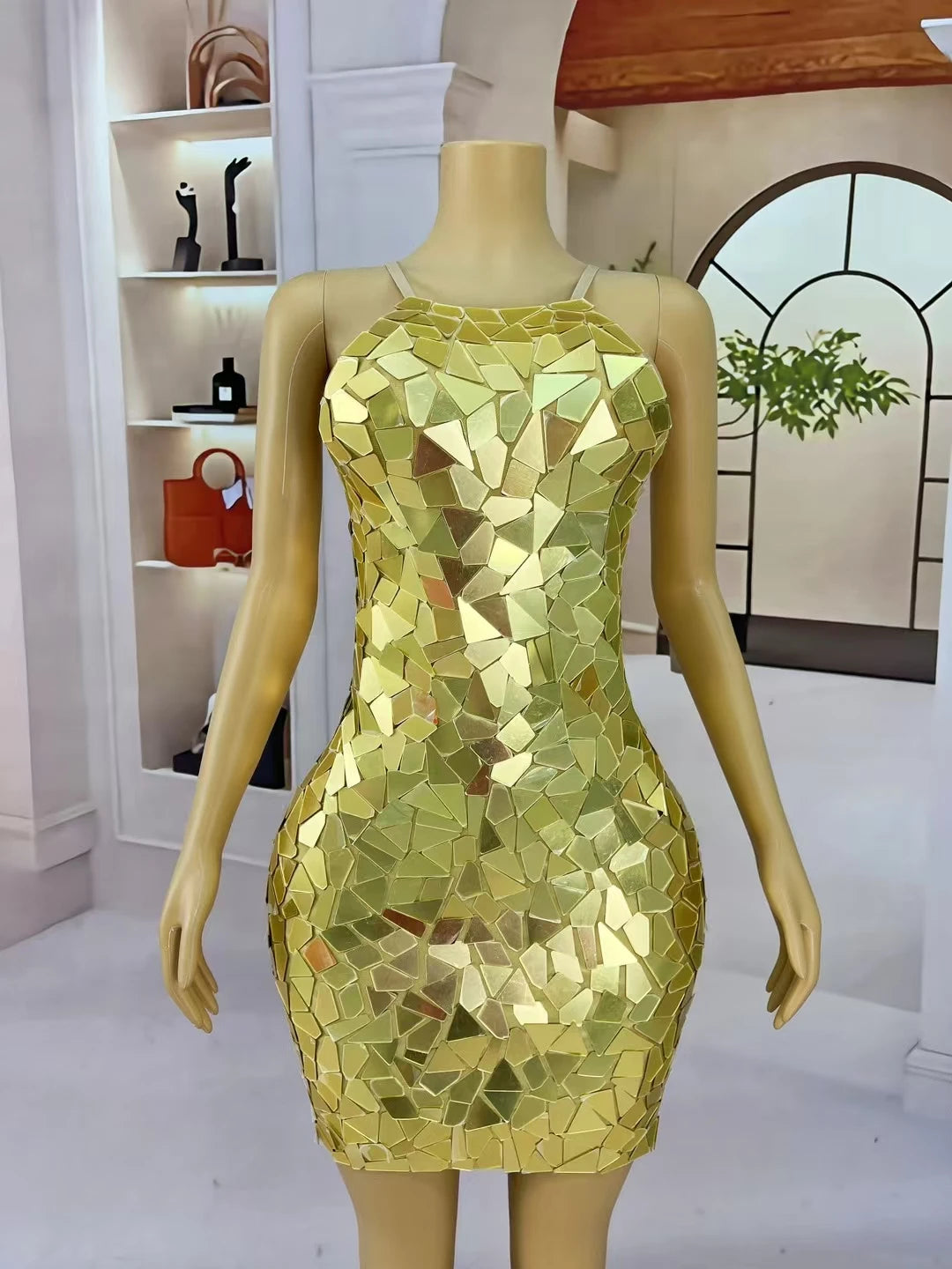 Sparkly Golden Sequins Strap Mini Dress for Women Birthday Celebrate Party Bodycon Dress Club Stage Show Dress Chajianjingpian