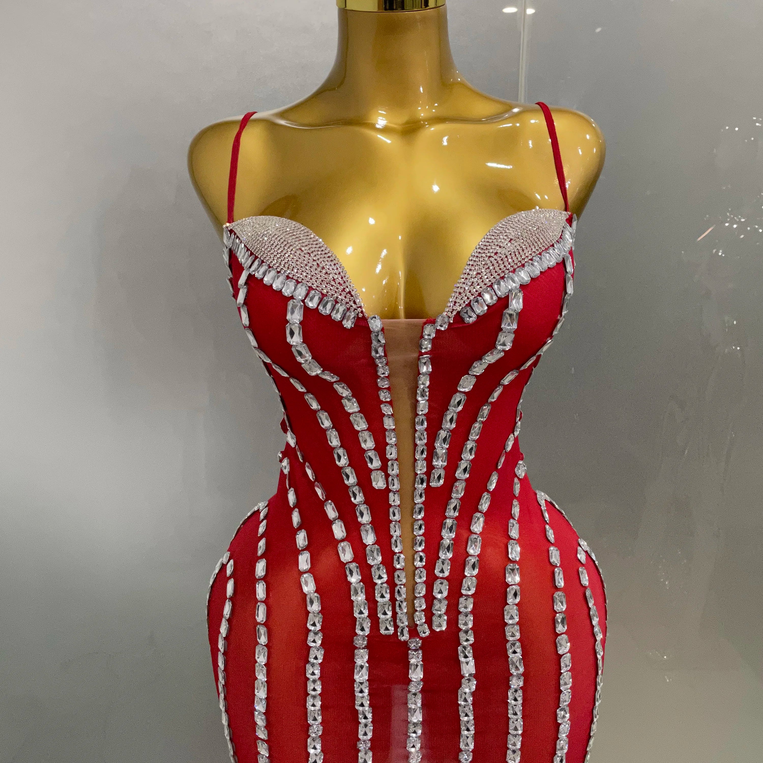 Sexy Sparkly Rhinestones Mesh See Through Short Slip Dress 2025Women Evening Birthday Party Prom Nightclub PhotoShoot Stage Wear Red