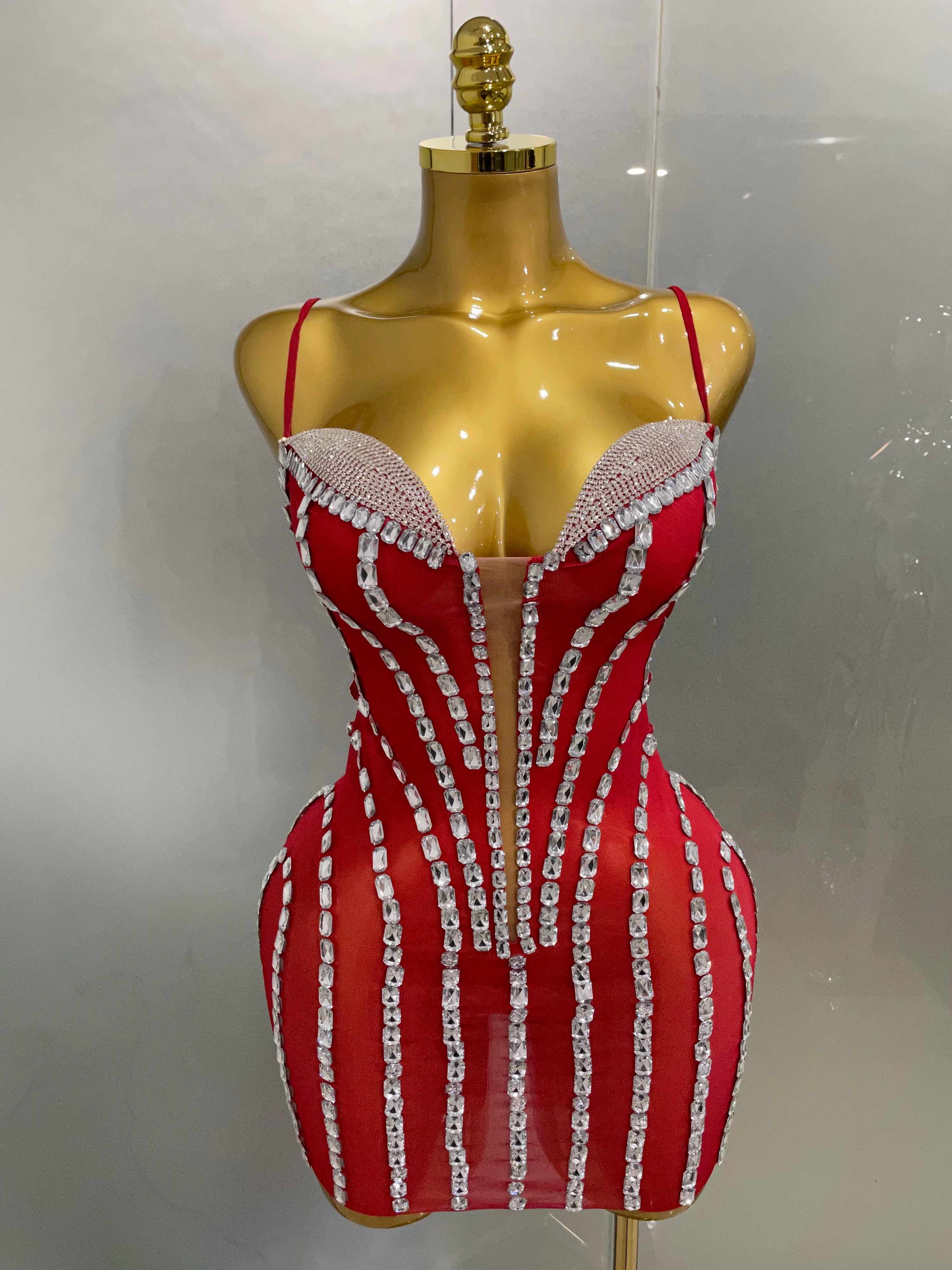 Sexy Sparkly Rhinestones Mesh See Through Short Slip Dress 2025Women Evening Birthday Party Prom Nightclub PhotoShoot Stage Wear Red