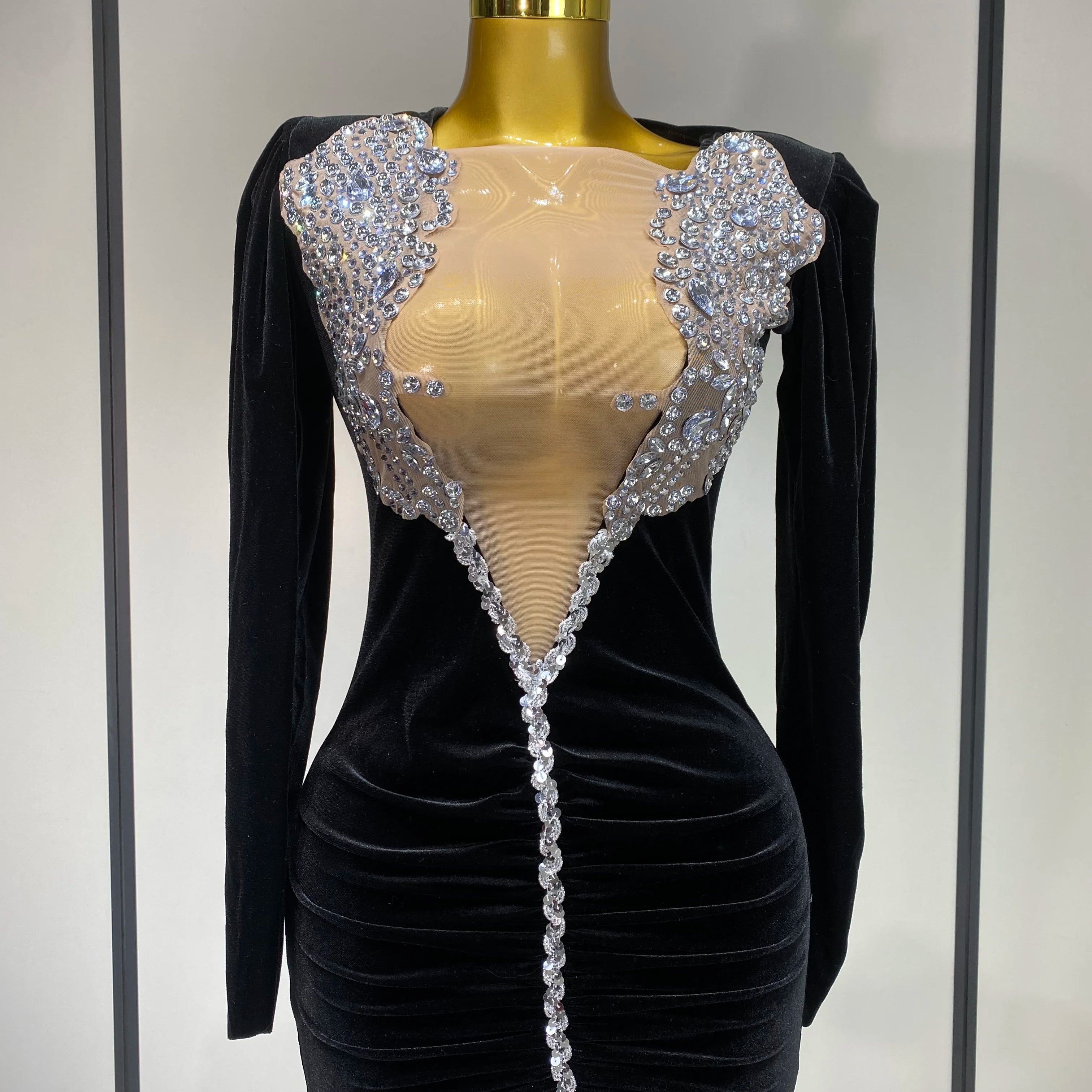 Sparkly Crystals Sexy Mesh Velvet Mini Dress 2025 Women White Elegant Evening Party Luxury Birthday Nightclub Stage Costume black