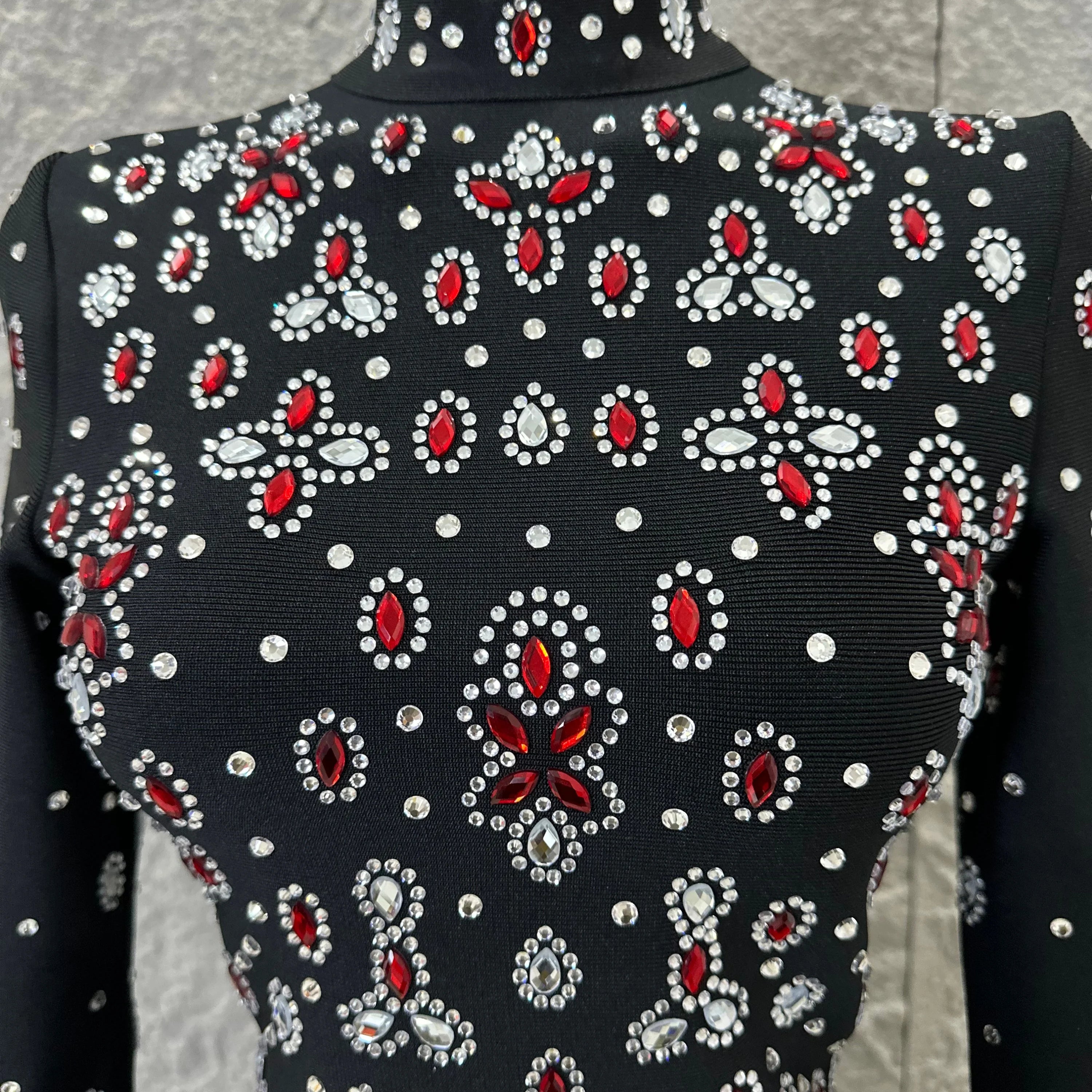 Women Sexy Long Sleeve Crysta  Red Rhinestone Embellished Bodycon Outfit Formal Event Party Elegant Black High Neck Maxi Dress