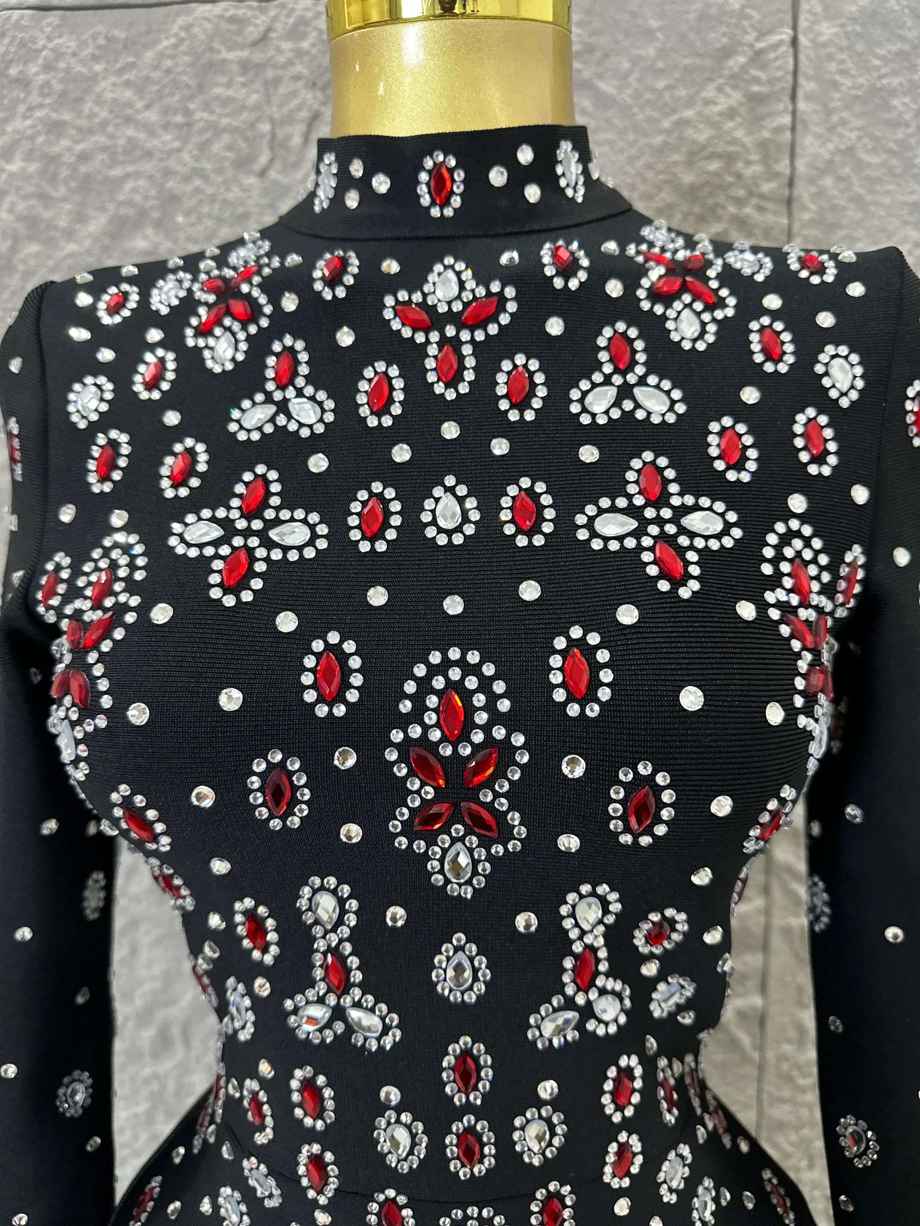 Women Sexy Long Sleeve Crysta  Red Rhinestone Embellished Bodycon Outfit Formal Event Party Elegant Black High Neck Maxi Dress