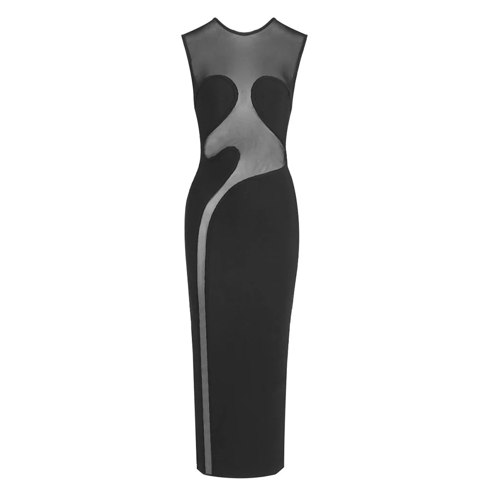 Elegant Mesh Patchwork Sleeveless Bodycon Party Club Evening Dress Sexy Bodycon Perspective Vestido 2025 Summer Clothing black