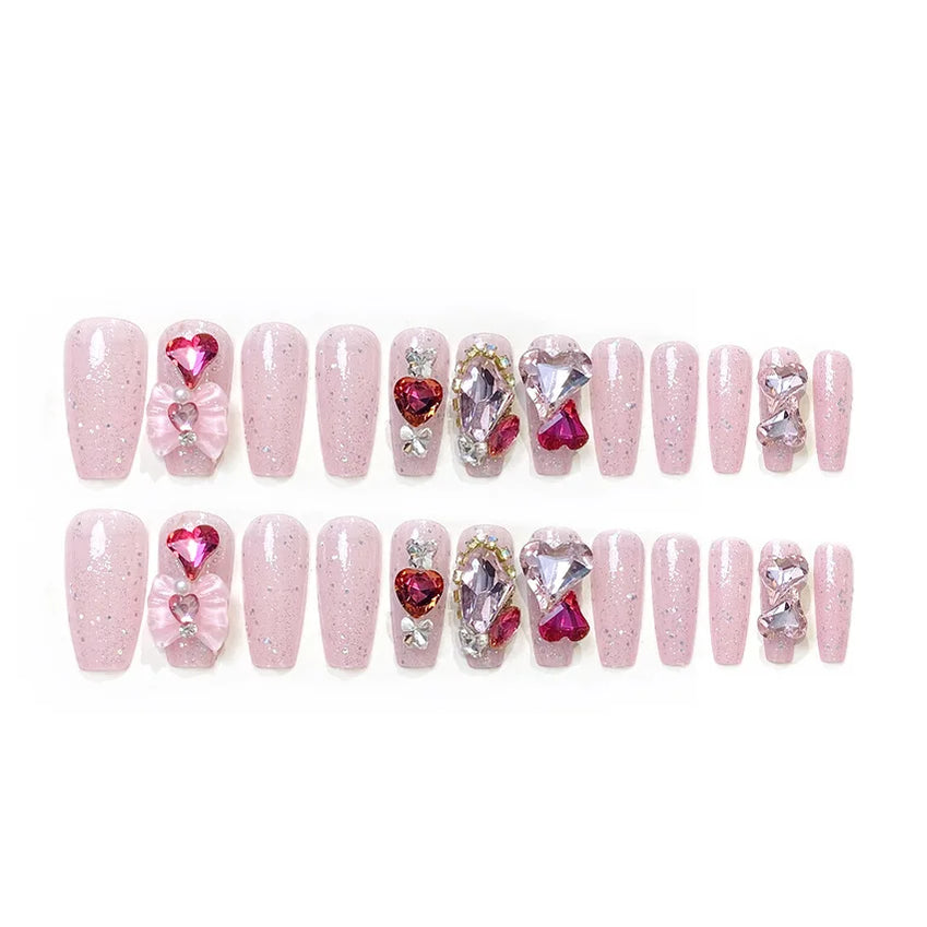 24pcs Love Crystal Decor Press on Nails Pink Bow Design Fake Nail Tips Bride Wedding Wearable Shiny Coffin Head Fake Nails