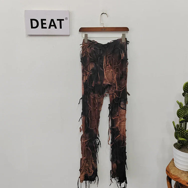 DEAT Fashion Women Casual Pant Fringe Lace-up Contract Color Slim Designer Floor-length Boot Cut Female Summer New 17A9439 Brown