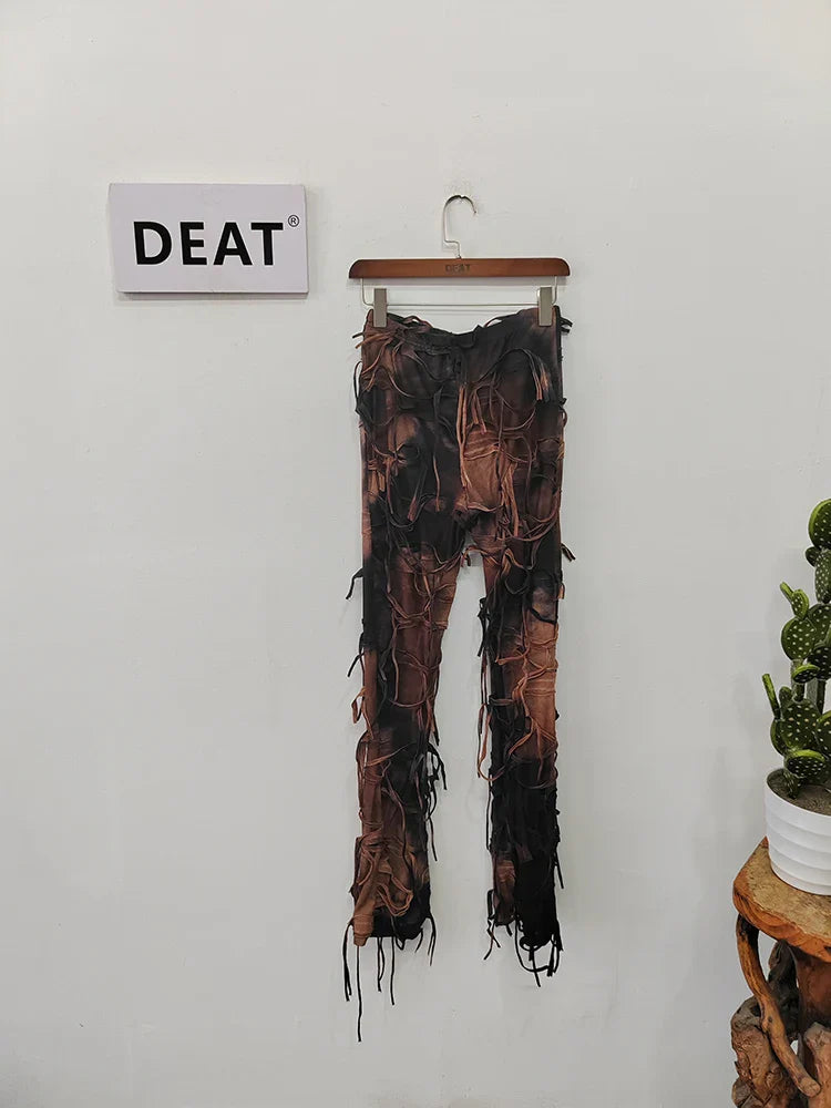 DEAT Fashion Women Casual Pant Fringe Lace-up Contract Color Slim Designer Floor-length Boot Cut Female Summer New 17A9439 Brown