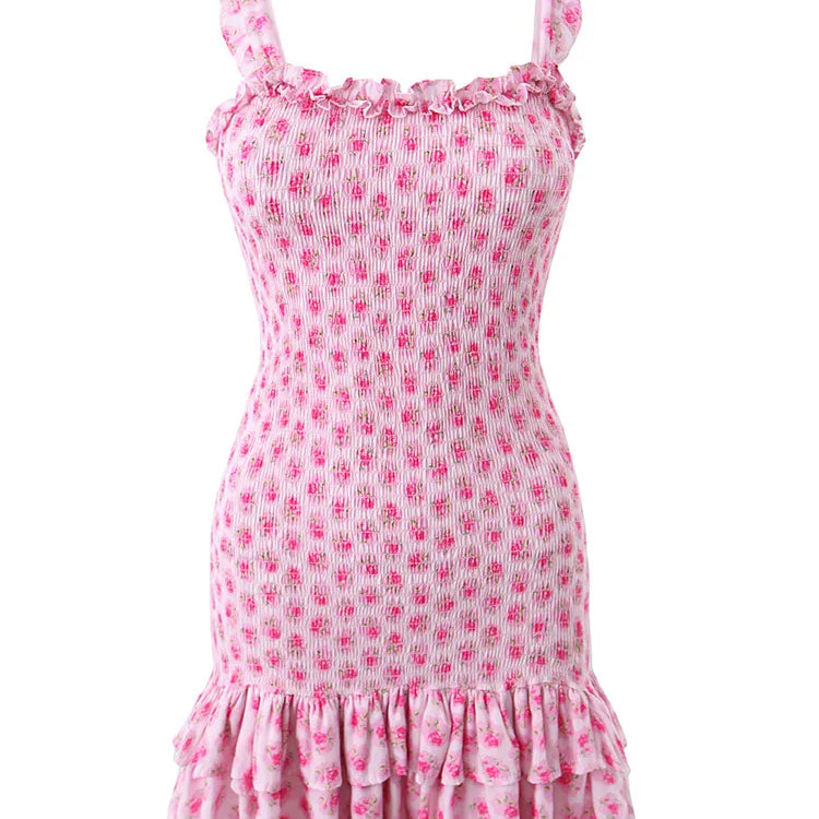 Romantic Pink Flower Print Corset Ruched Elastic Body Sling Mini Dress Woman Wood ears Ruffles Hem Package Hips Holiday Robe Pink