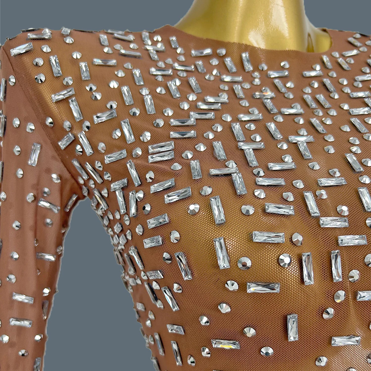 Women Elegant Sexy See Through Cocktail Dress Sparkly Full Rhinestones Long Sleeve Prom Evening Birthday Party Gown Bailian