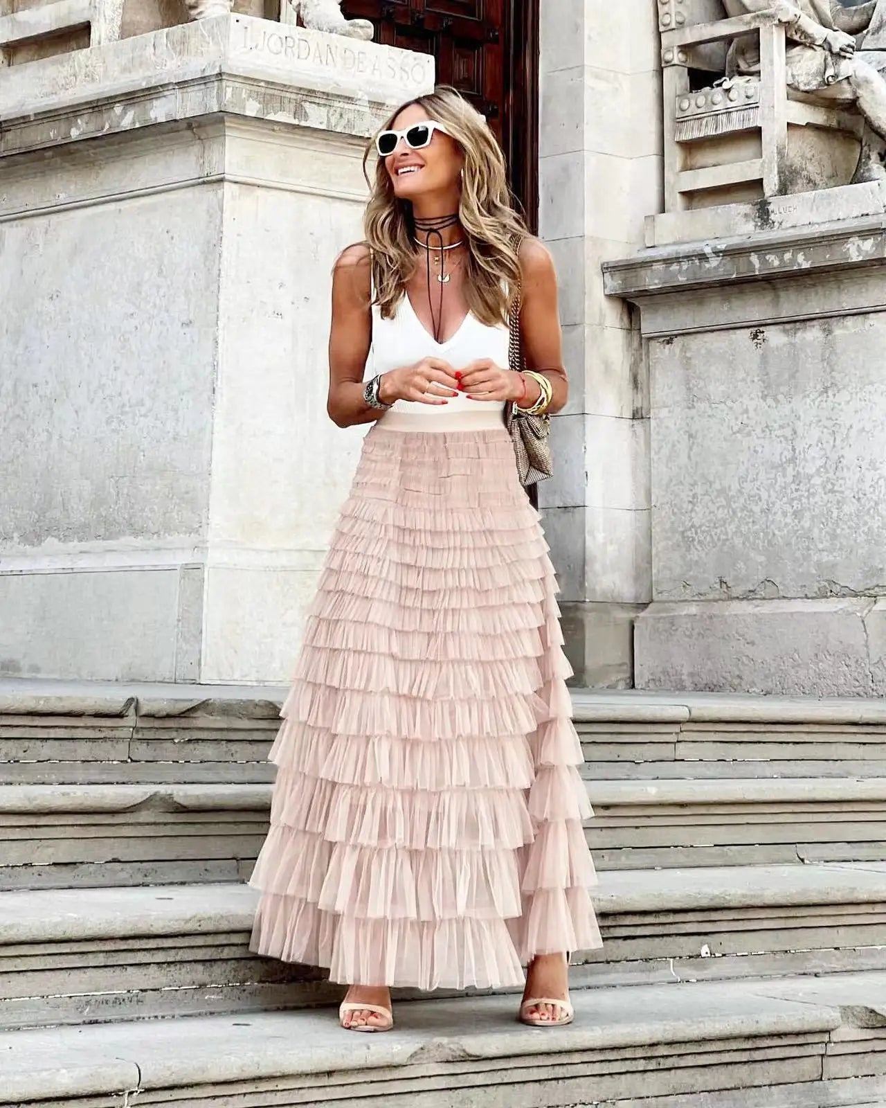 New Casual Womens Solid Ball Gown Long Skirt Tulle High Waist Pleated Elegant Ladies Wild Mesh Dating Maxi Skirts Drop Pink LYQ258
