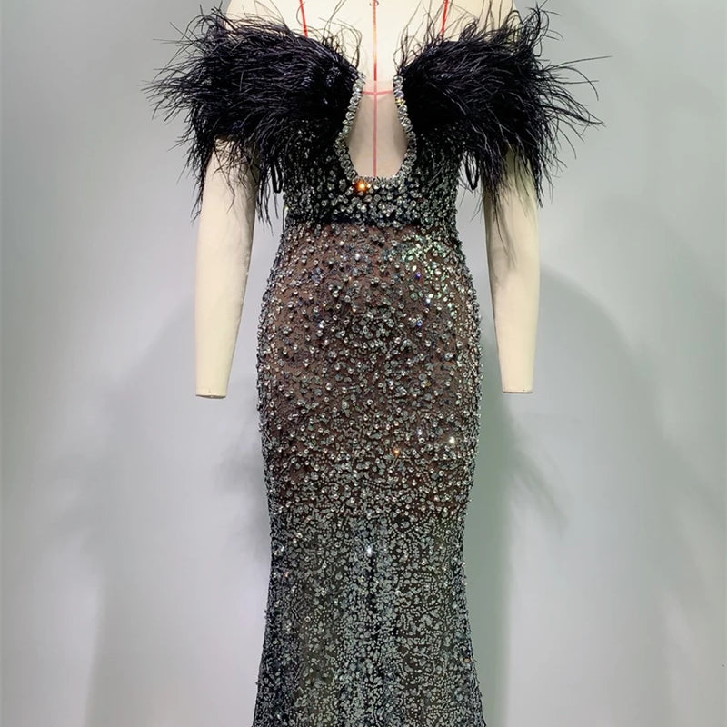 Luxury Feather Dazzling Diamonds Sexy Mesh See Through Black Floor Length Dress Goddess Evening Party Dress Red Carpet Vestido