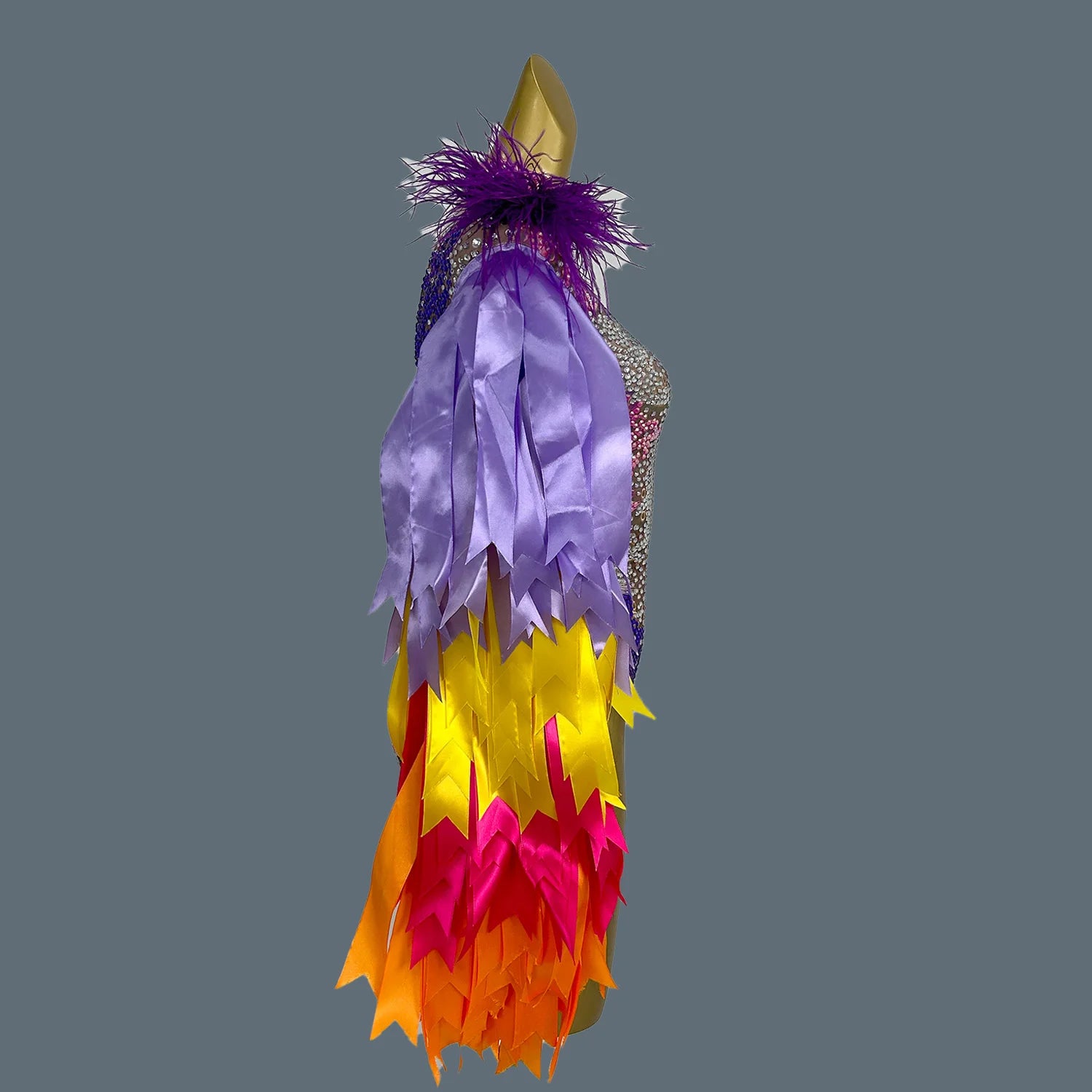 Fashion Stage Wear Ribbon Strip Feather Rhinestone Bodysuit Women Nightclub Bar Party Outfit Performance Dance Costume Caidai