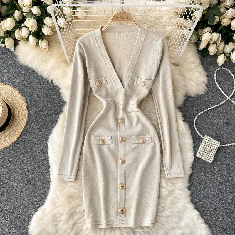 Women Knitted Pencil Dress Korean Long Sleeve V Neck Elastic Slim Dress Autumn Winter Sexy Bodycon Warm Sweater Dress APRICOT One Size