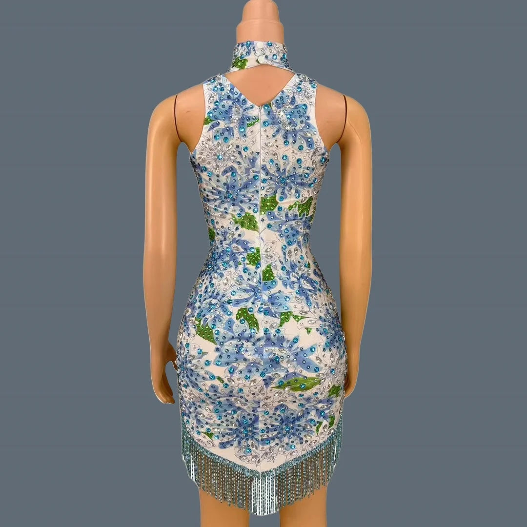 NEW Cheongsam Type Short Dress Sparkly Rhinestone Printing Tassel Elastic Mini Dress for Women Photo Shoot Sexy Dress Lancaihe