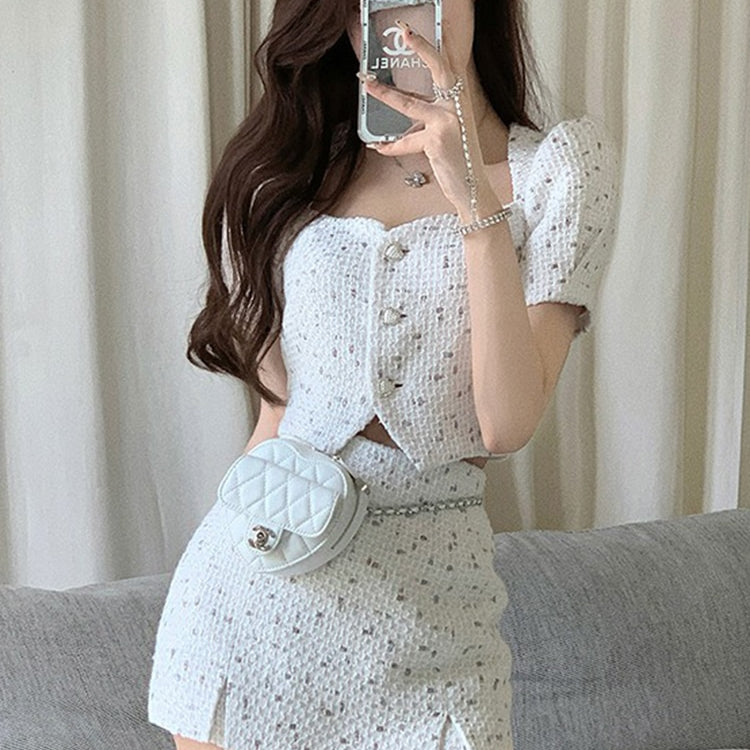 Small Fragrant Skirt Suit Tweed Short Coat Puff Sleeve Two Piece Set Female 2024 Summer Fashion Skirt for Women Korea Fashion